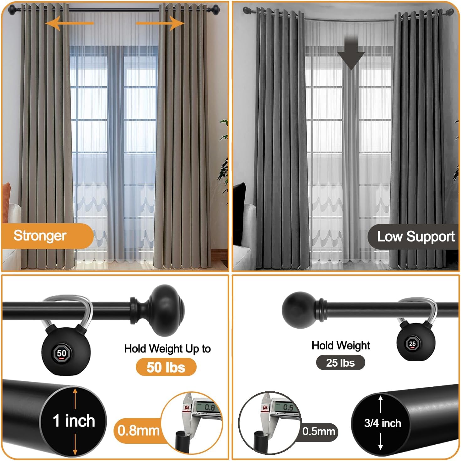QITERI Black Curtain Rod 48-86 Inches Single Rod with Round Finials