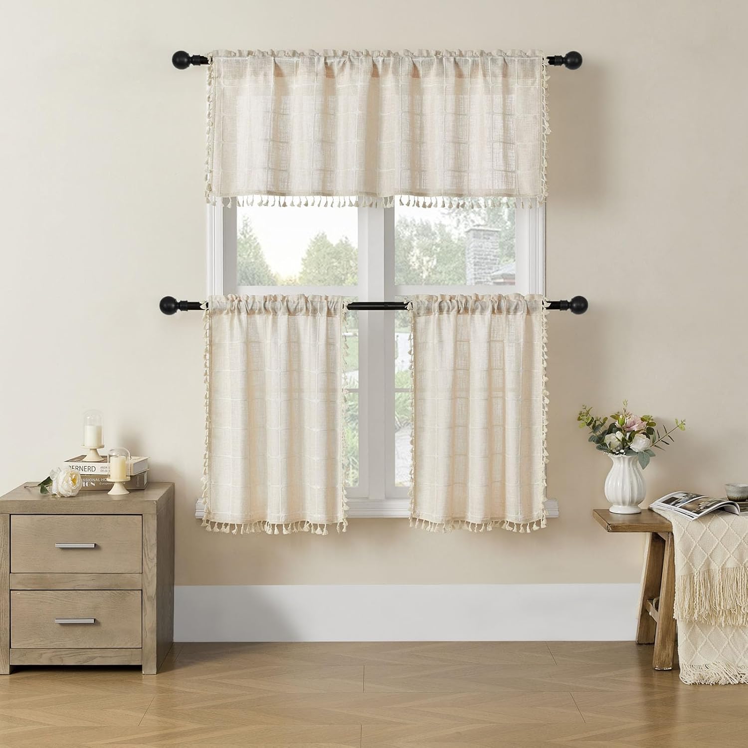 MitoVilla Cream Boho Kitchen Valance 52 x 18