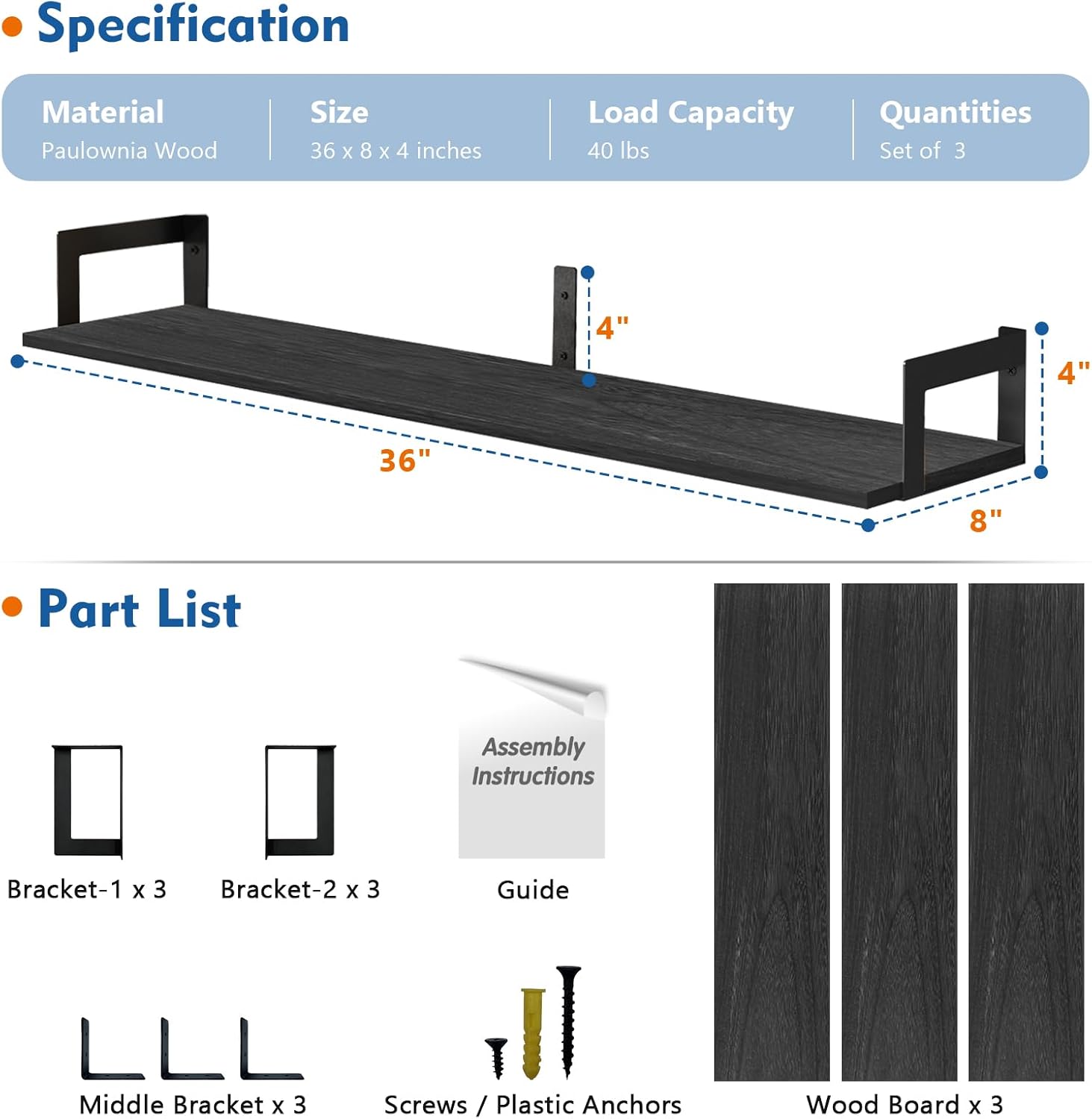Harwaya Large Floating Book Shelves Set of 3 - Black