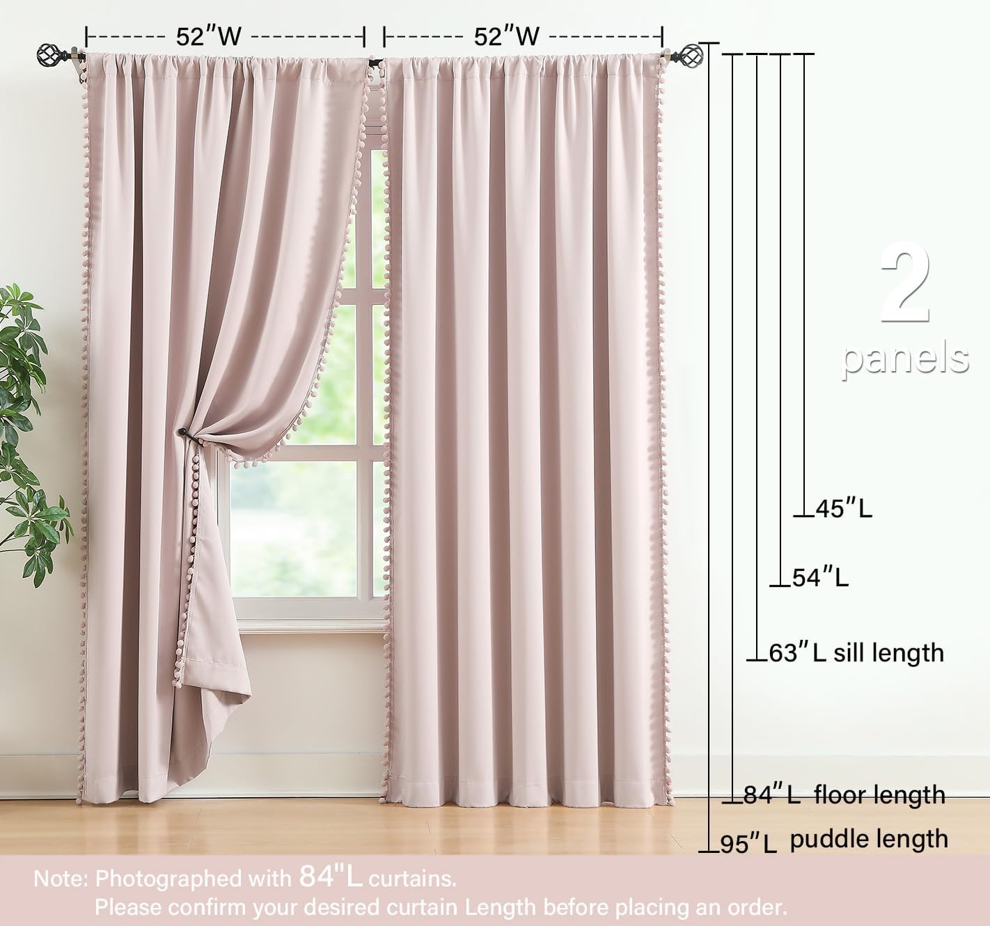 Treatmentex Pompom Blackout Curtains 52x84 Energy Efficient Thermal Panels