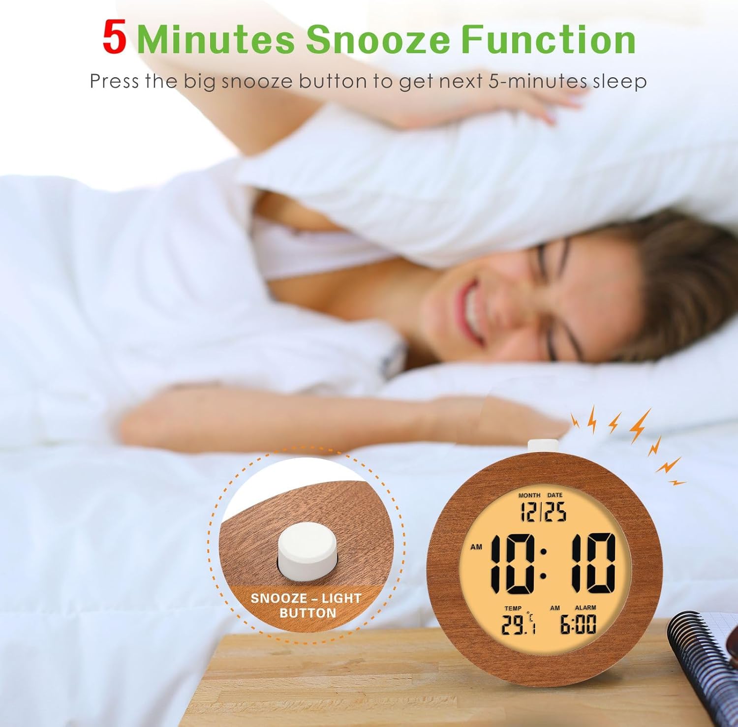 Plumeet Wooden Digital Alarm Clock with Nightlight