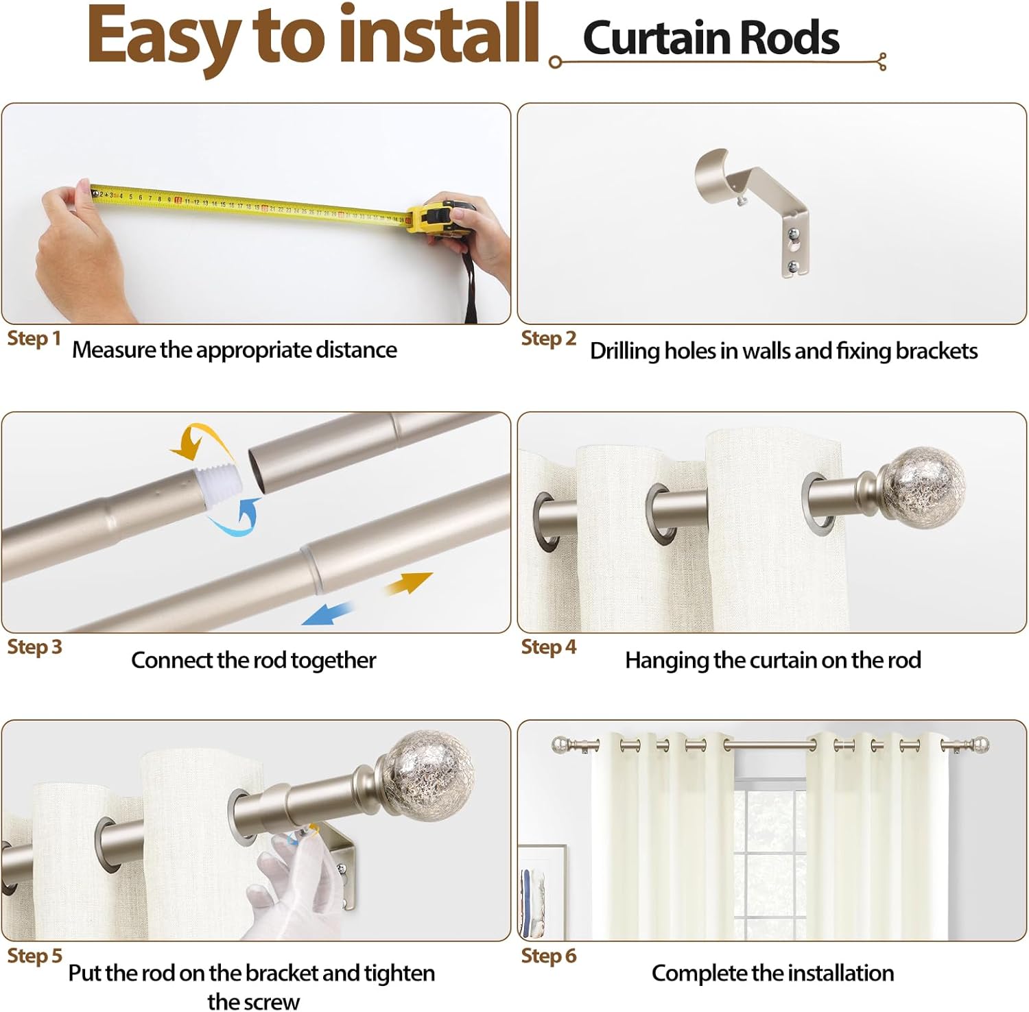 KAMANINA Champagne Gold Curtain Rods 32-58 Inches Adjustable
