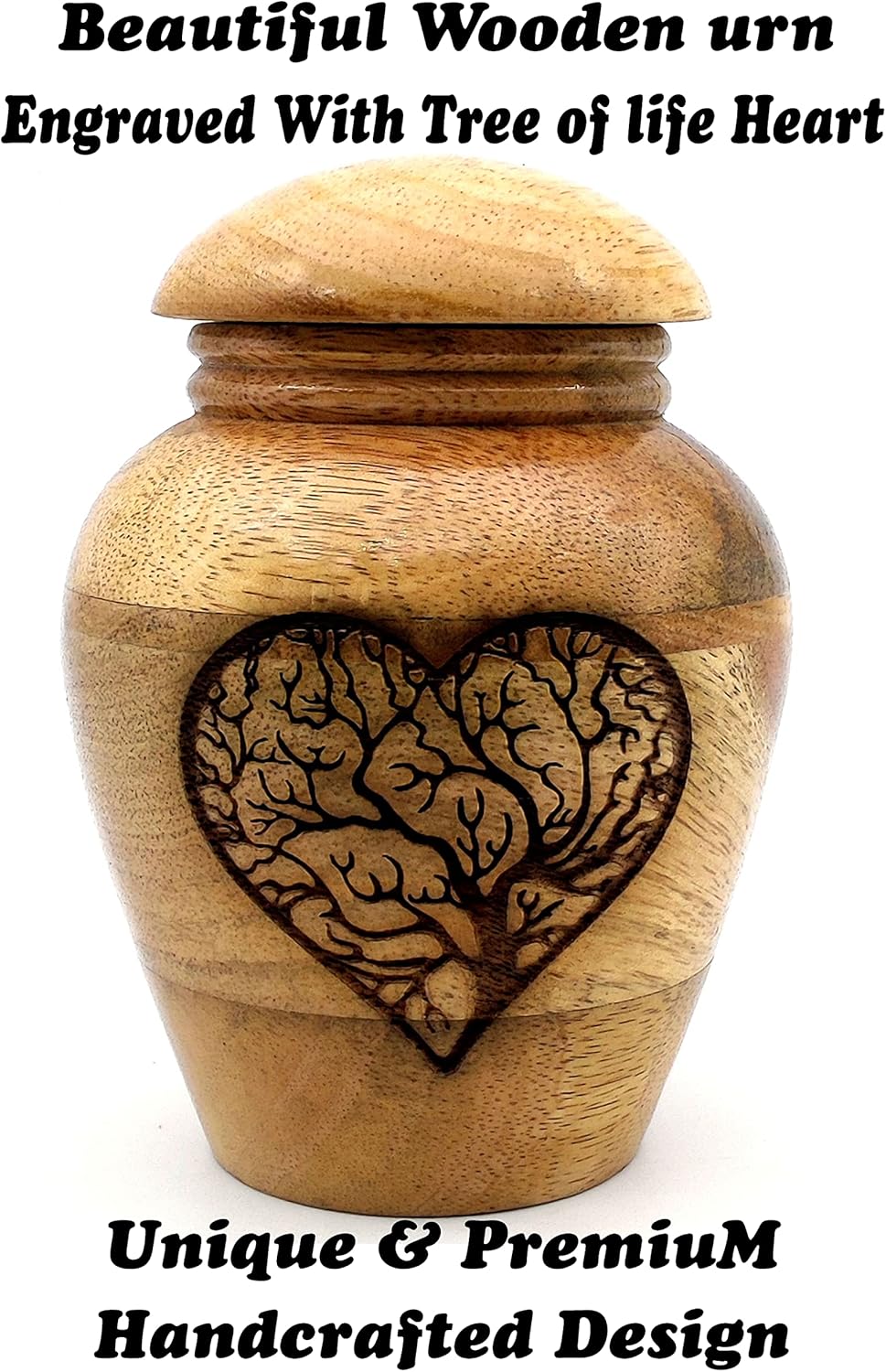 Wooden Cremation Urn with Tree of Life Heart Engraving