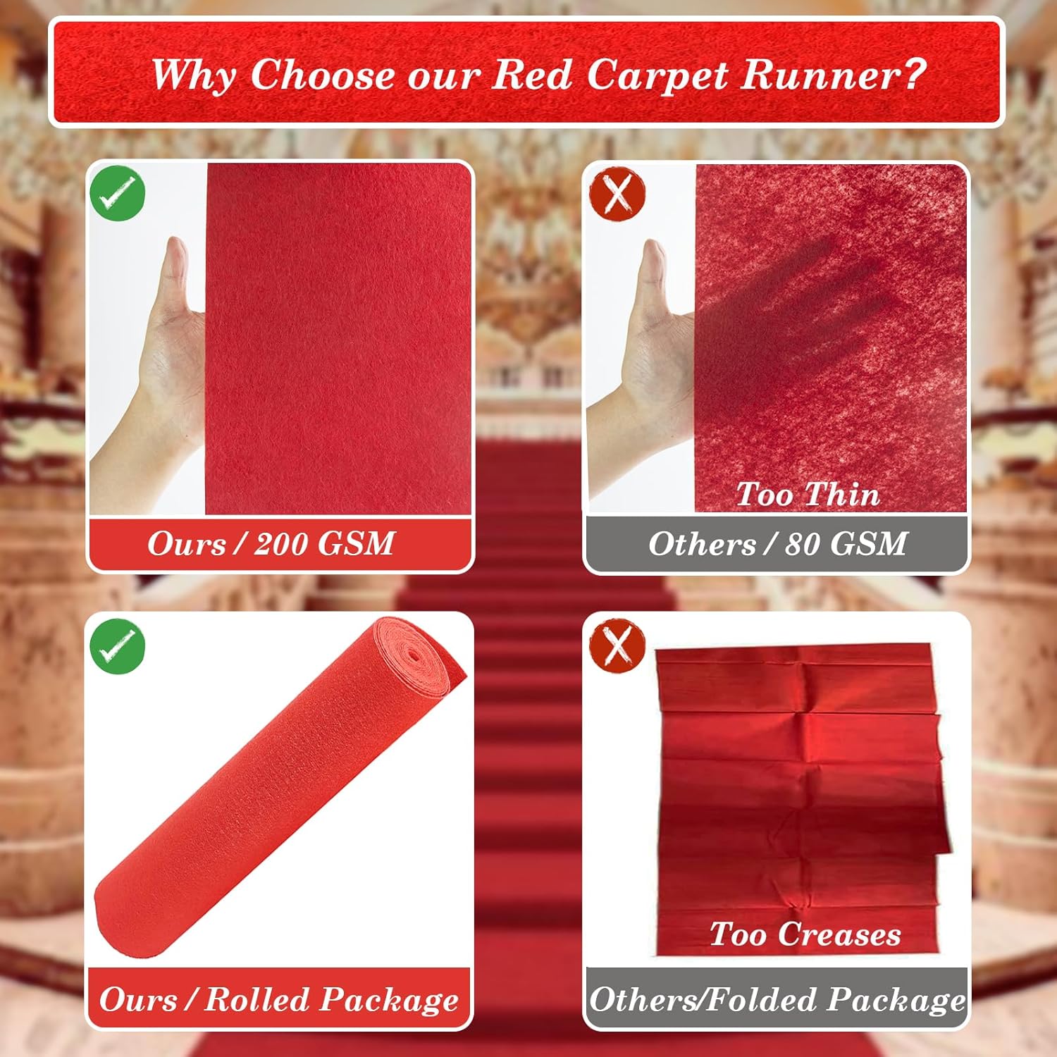 KOLIPI Red Carpet Runner 33x33ft 200 GSM Thick Luxury Aisle Rug
