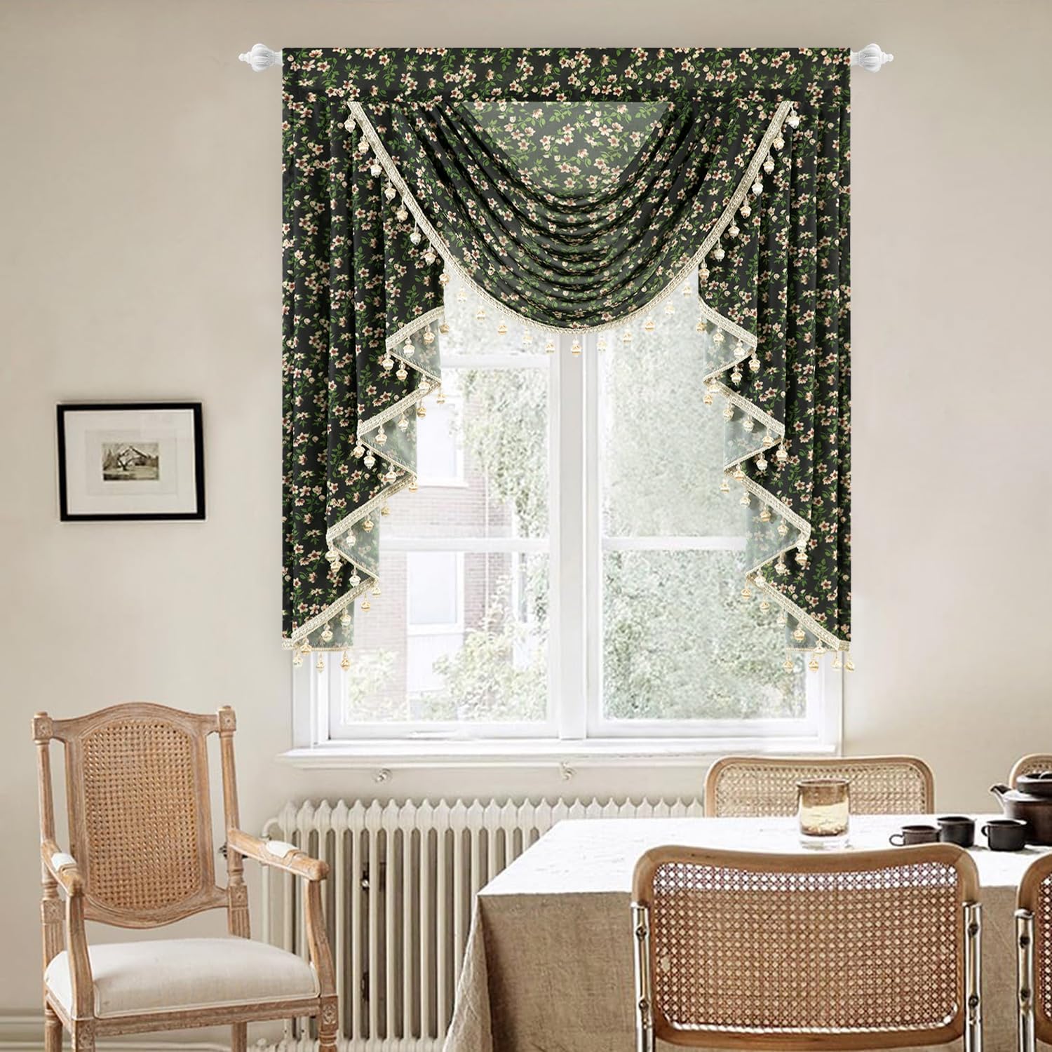 Leeva Farmhouse Style Waterfall Valance with Cherry Blossom Print and Beaded Trim
