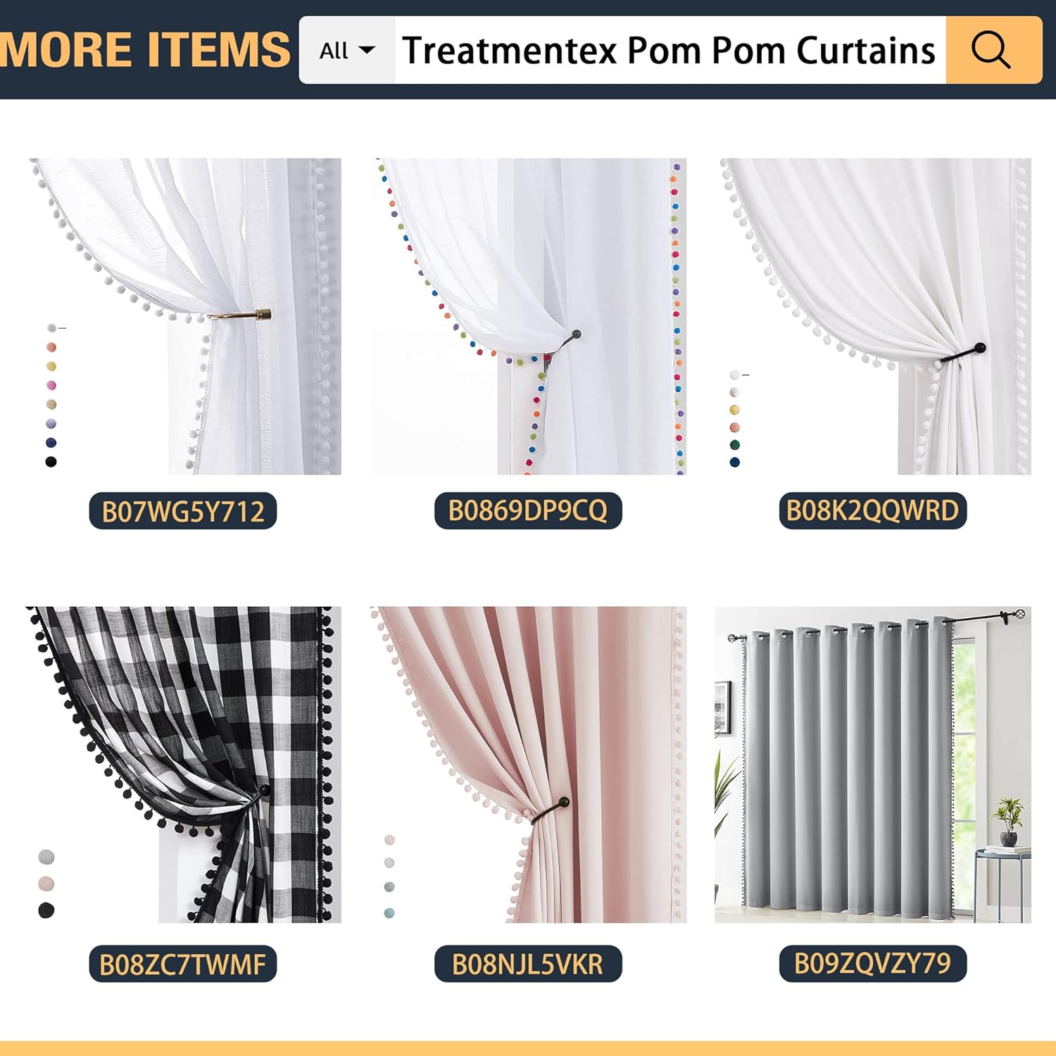 Treatmentex Pompom Blackout Curtains 52x84 Energy Efficient Thermal Panels