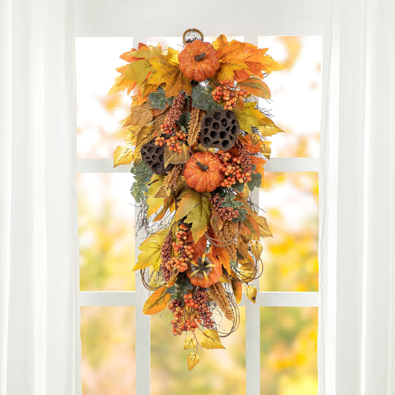 Glitzhome 2Pcs Fall Pumpkin Leaf Swag with Grapevine Base