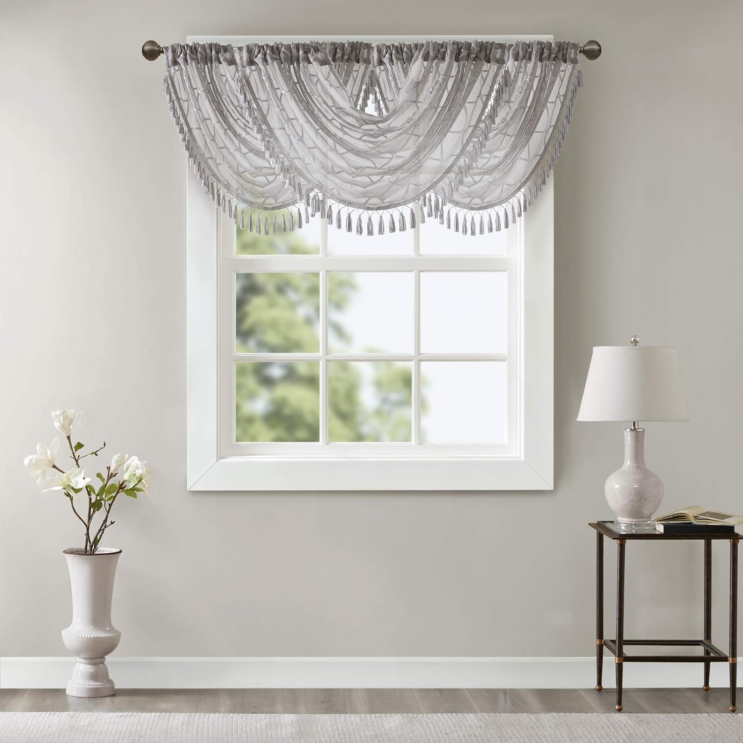 Madison Park Irina Diamond Sheer Embroidered Valance Grey 38W x 46L