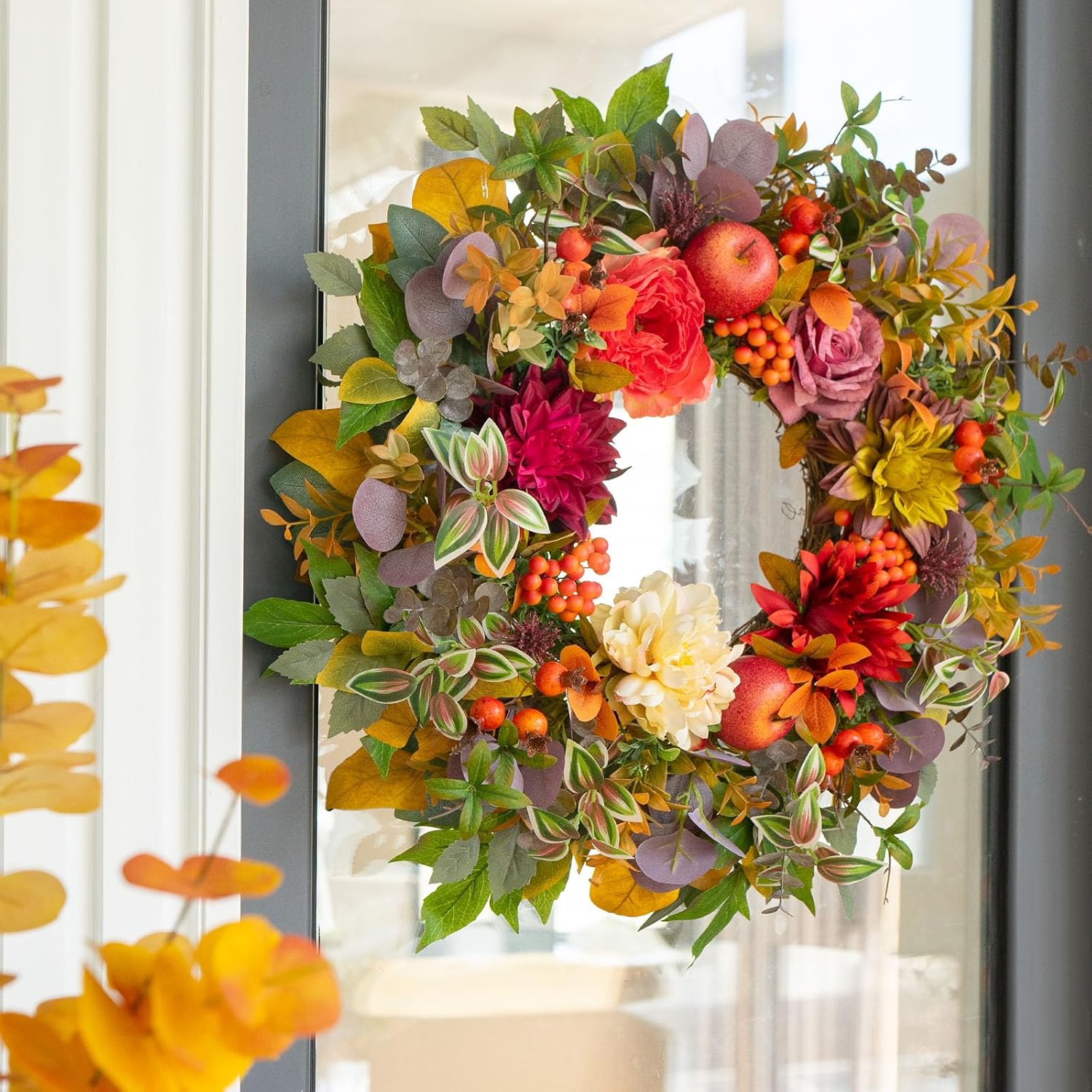 Fall Wreath with Flowers Apples Berries Leaves for Front Door