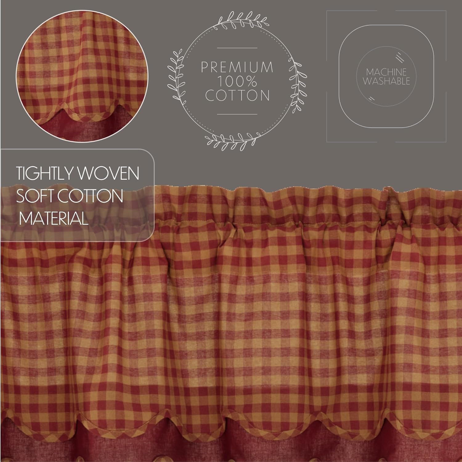 VHC Brands Burgundy Check Valance 16x60 Red Rod Pocket Cotton Curtains