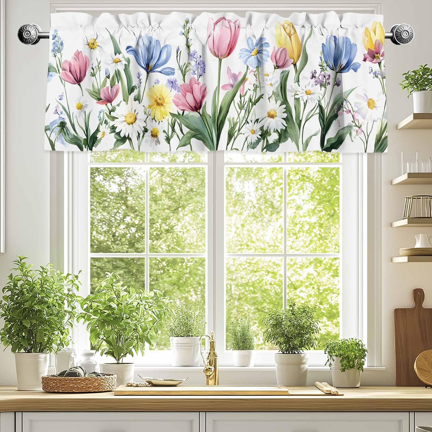 Tersuger Spring Daisy Tulip Kitchen Valance Curtain