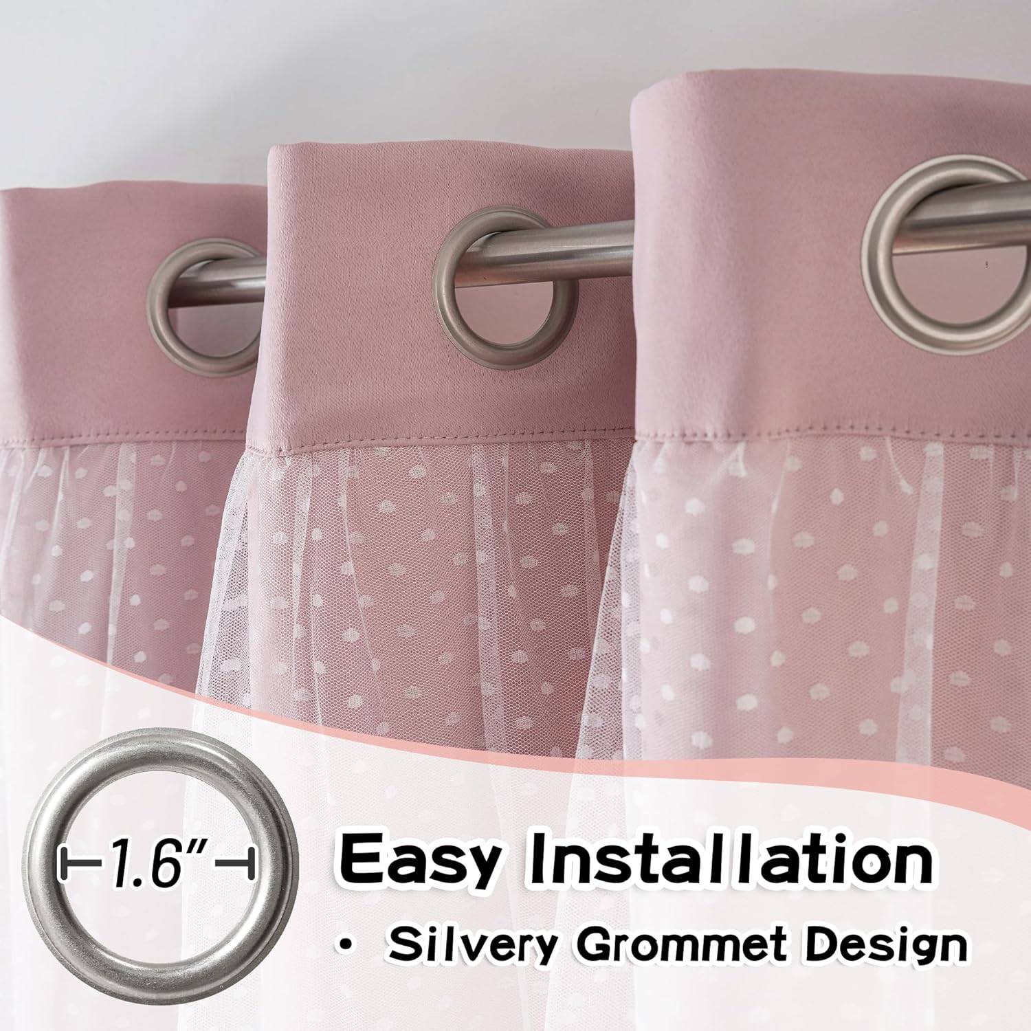 MYSKY HOME Pink Curtains with Tiebacks for Kids Bedroom