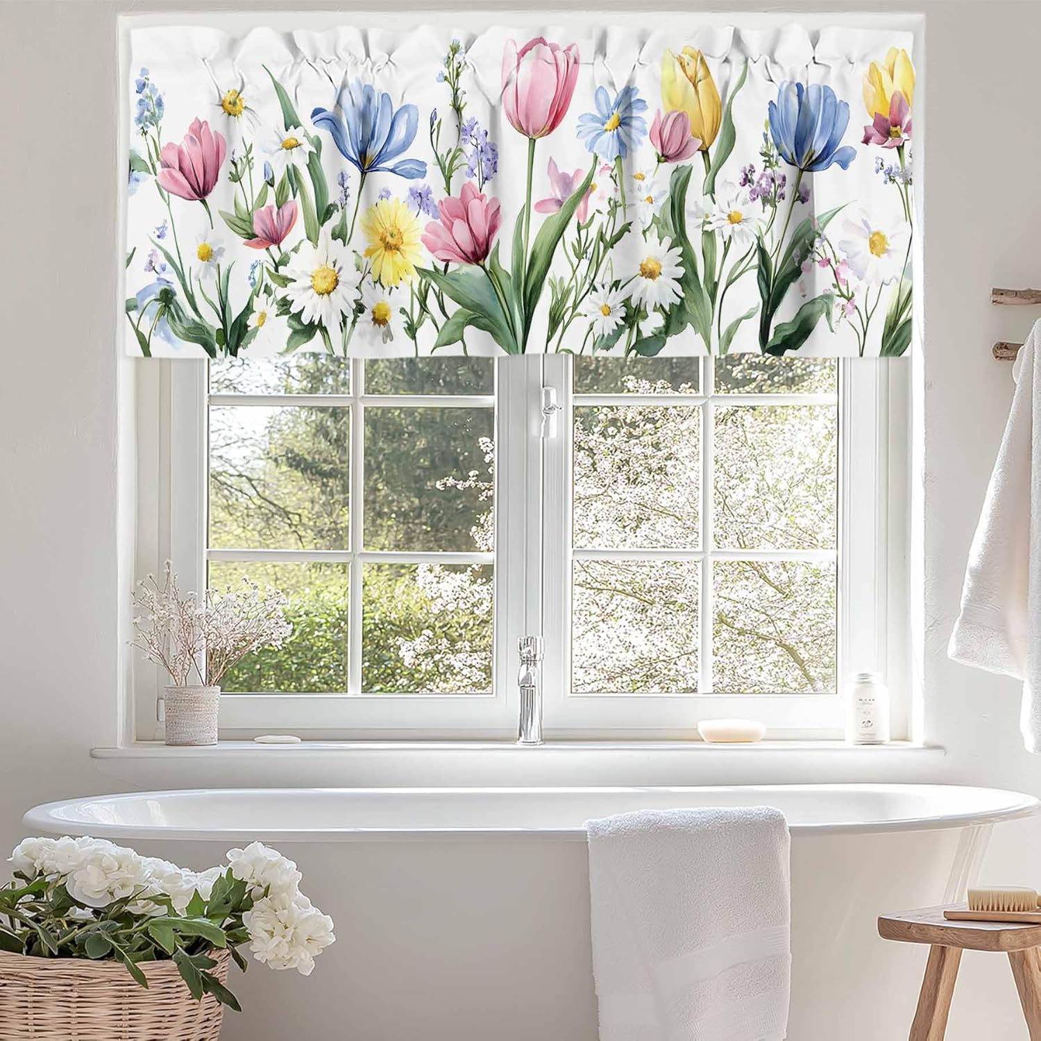 Tersuger Spring Daisy Tulip Kitchen Valance Curtain