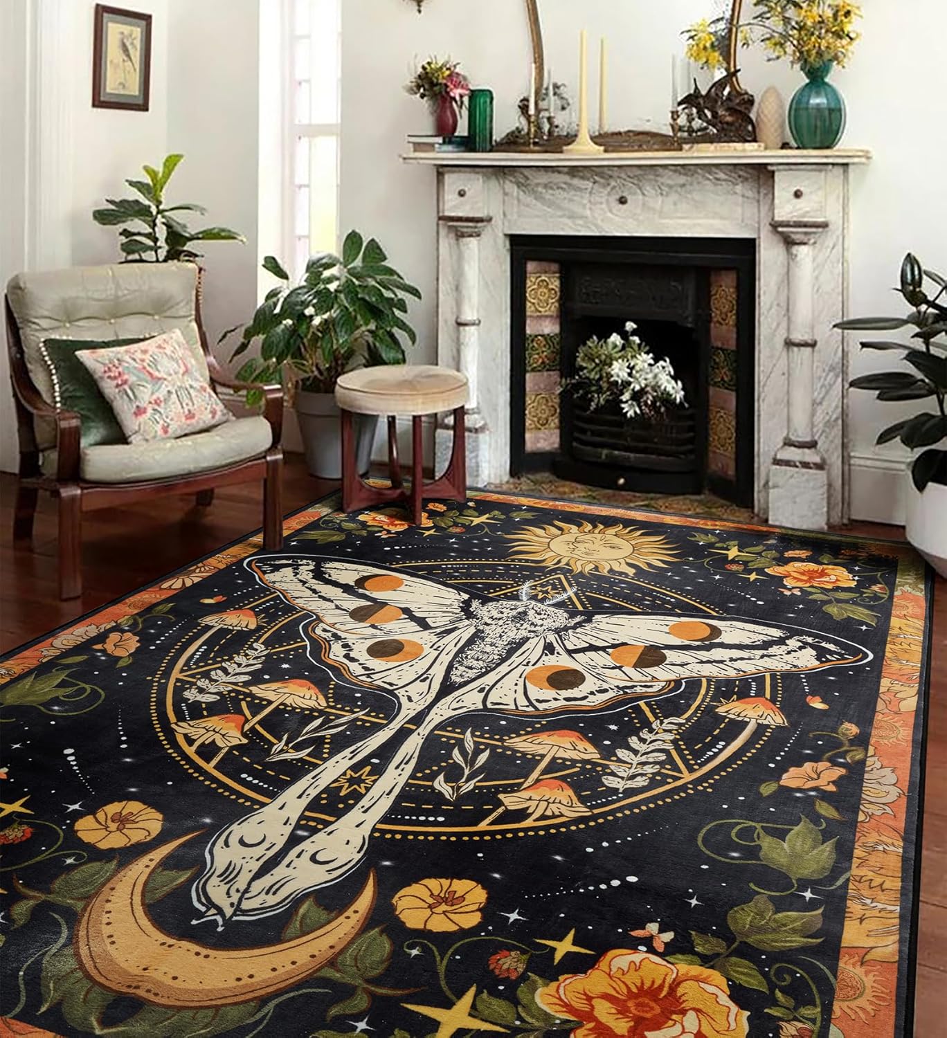 Ouyattle Luna Moth Area Rug 5x7 Black Floral Design