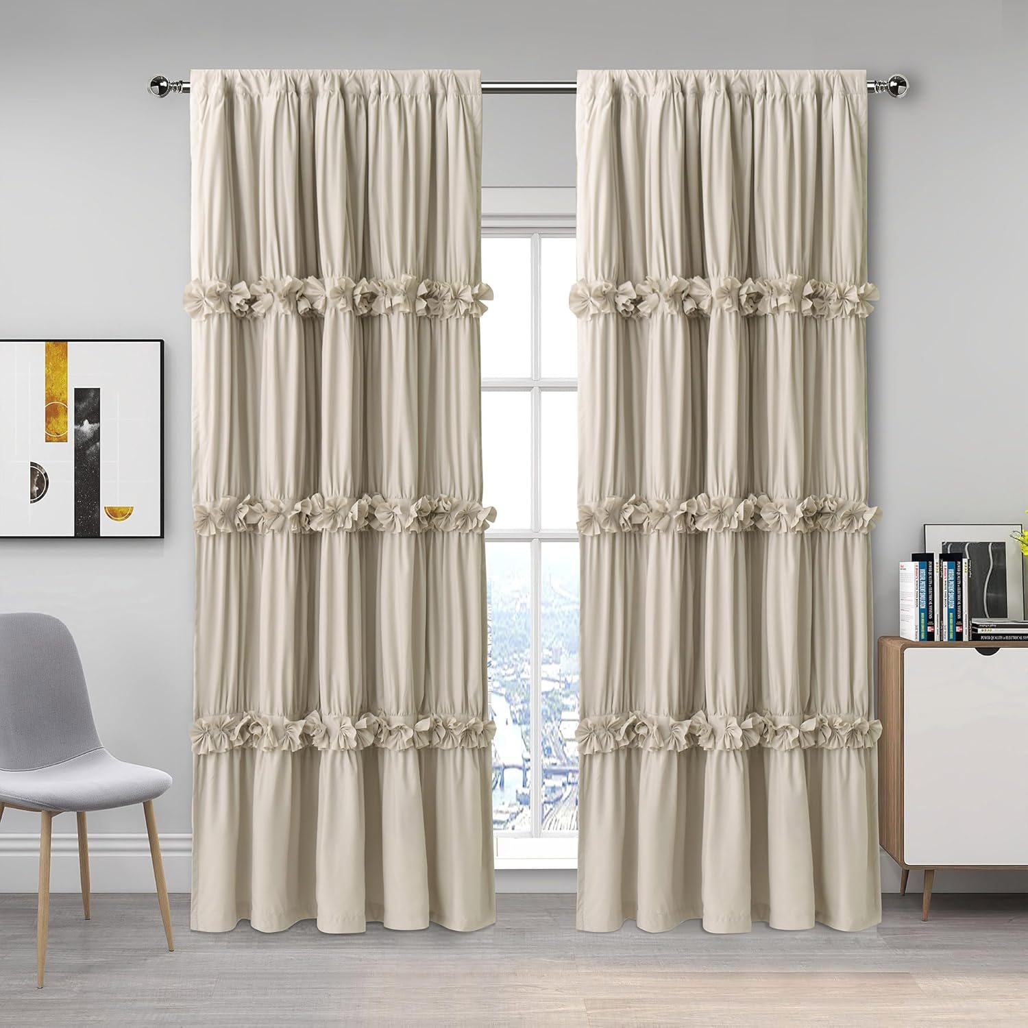 Thermal Insulated Blackout Curtains with Butterfly Flowers 52x96x2 Panels Boho Ruched Drapes