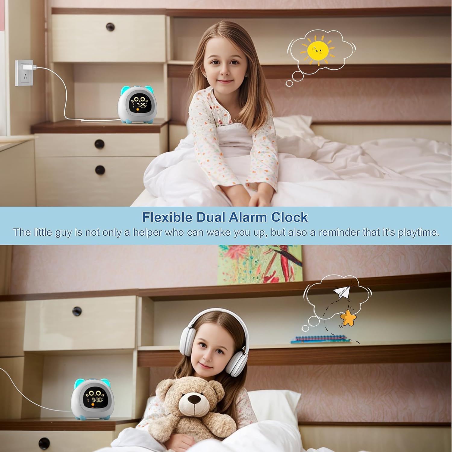 Aurora Blue Cat Ear Alarm Clock for Kids