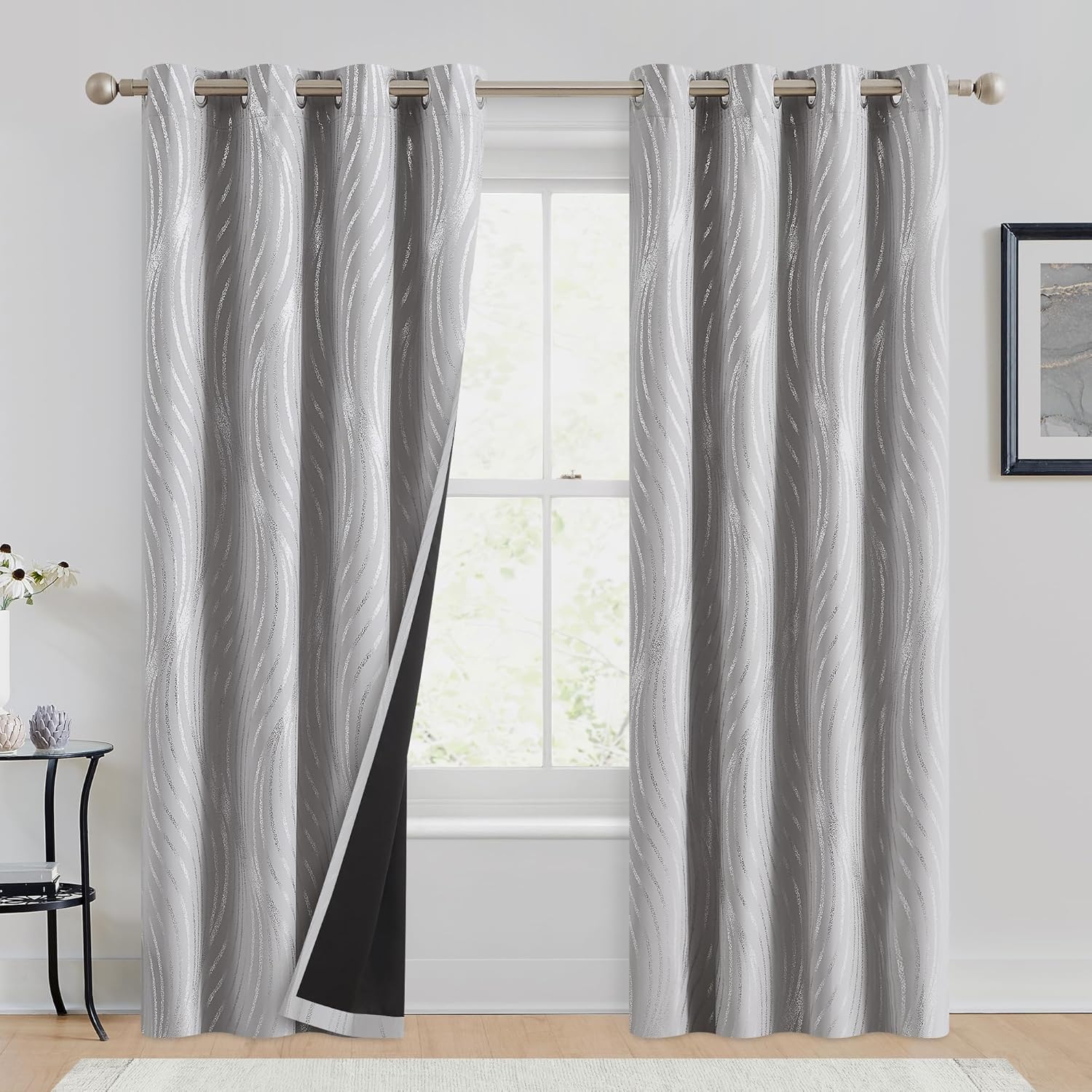 100 Blackout Curtains with Metallic Silver Wave Print