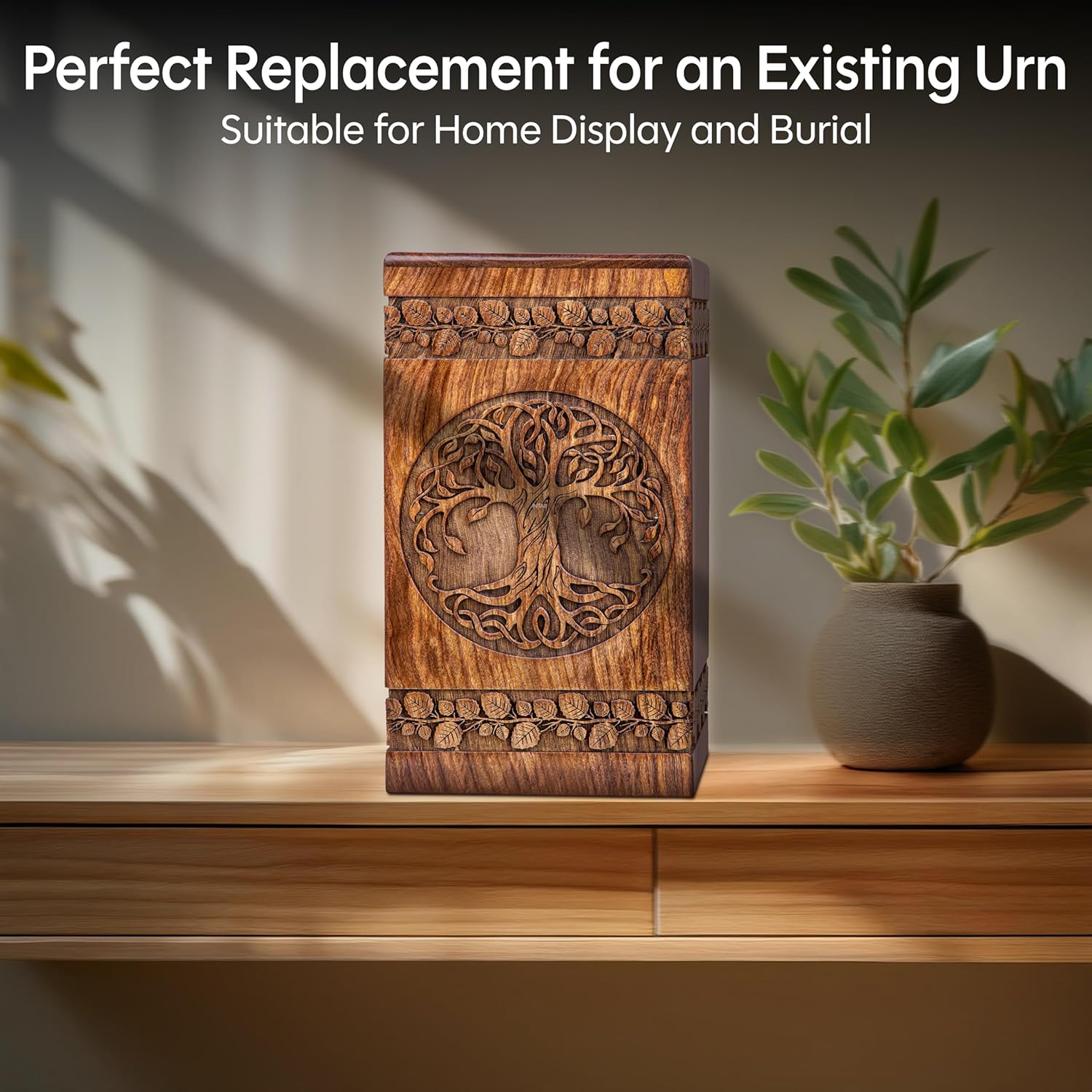 INTAJ Handcarved Wooden Cremation Urn - Celtic Knot Design 115 lbs Capacity