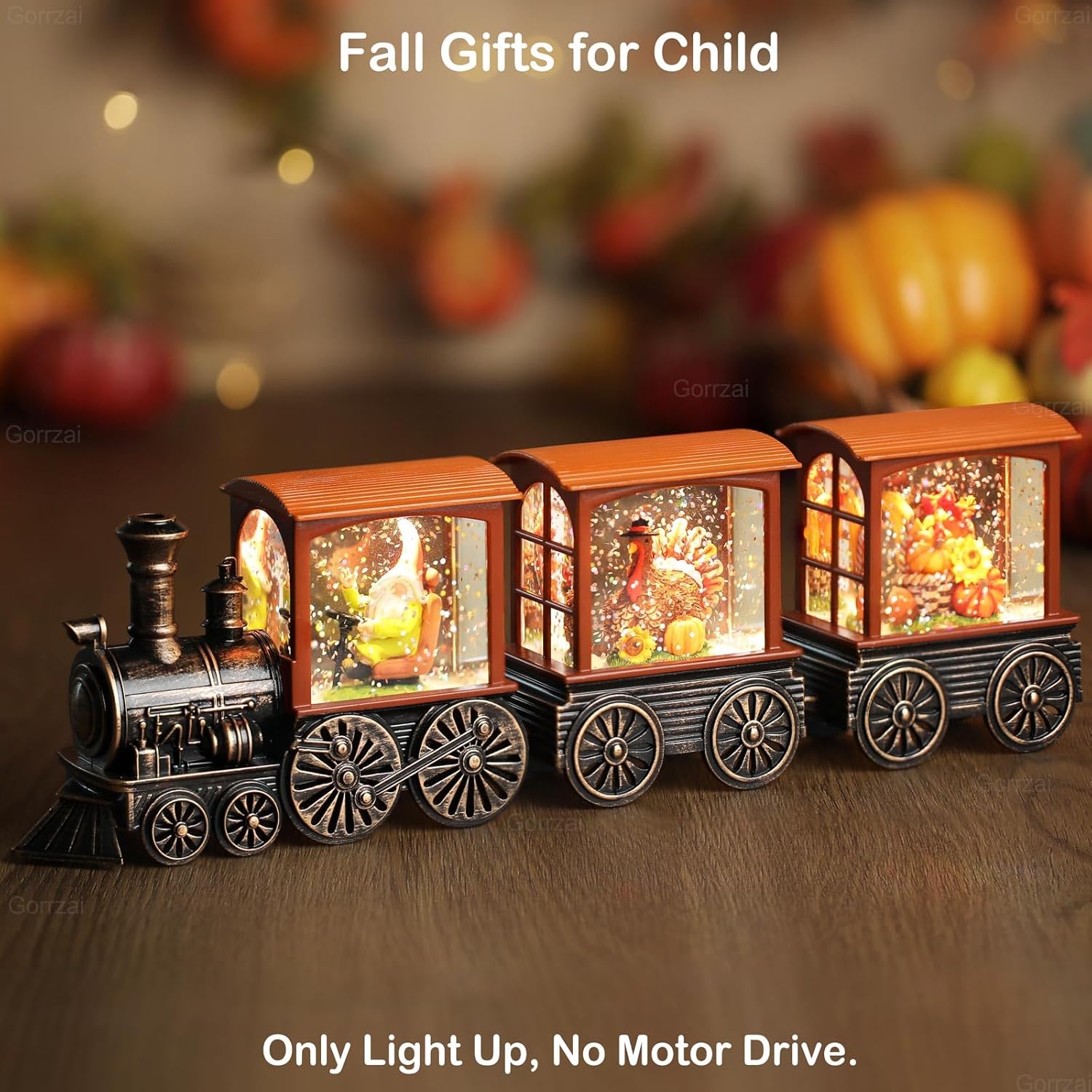 Gorrzai Fall Snow Globe Lantern with Gnome Train Decor