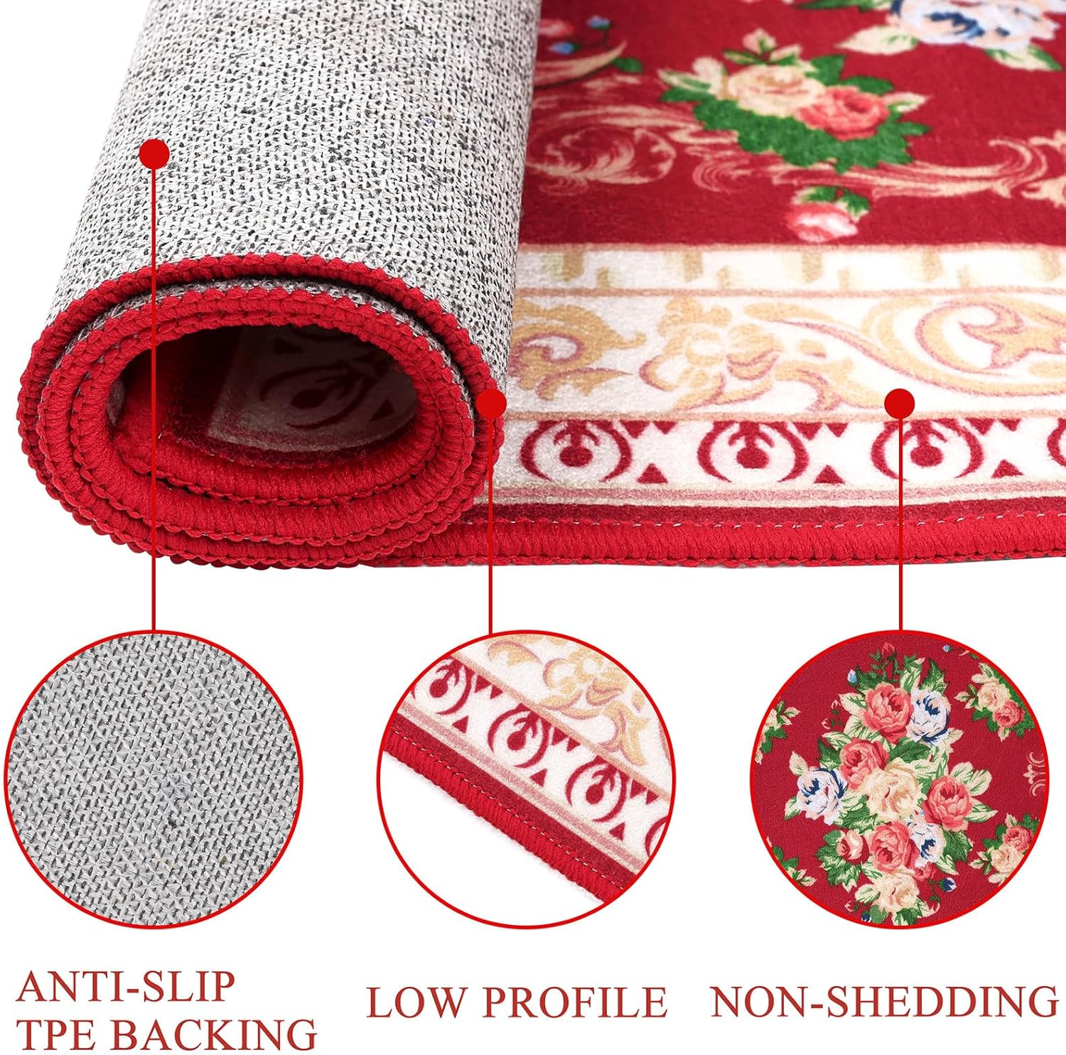 Red Floral Long Runner Rug for Hallway and Entryway