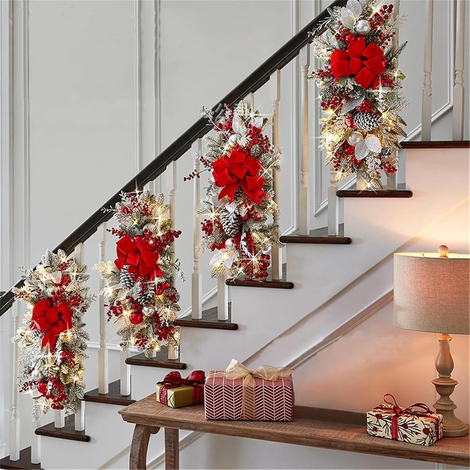 Red Artificial Christmas Teardrop Swags Pre Lit Staircase Decor