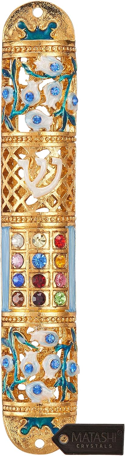 Matashi Hand Painted Enamel Mezuzah with Crystals and Gold Accents
