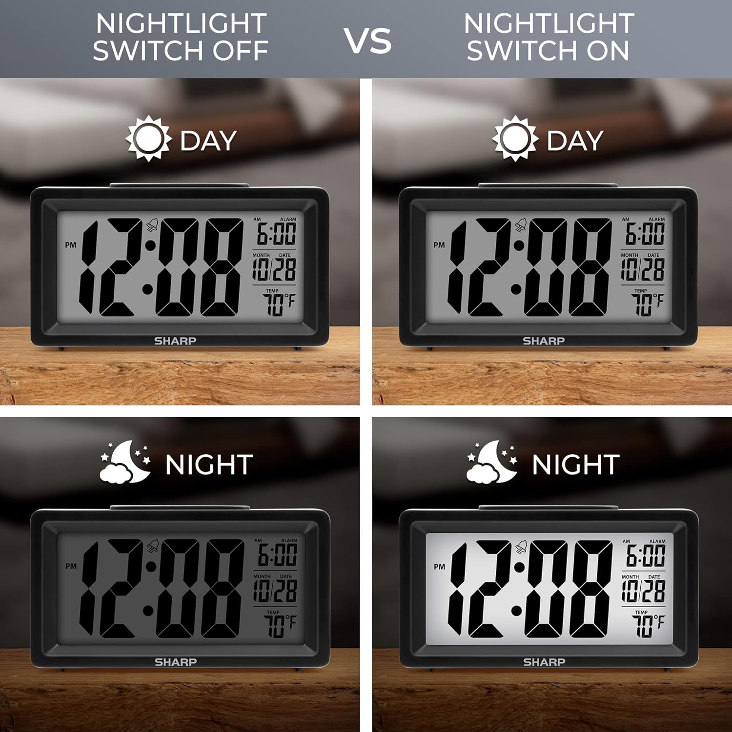Sharp Digital Alarm Clock with Nightlight and Temperature Display