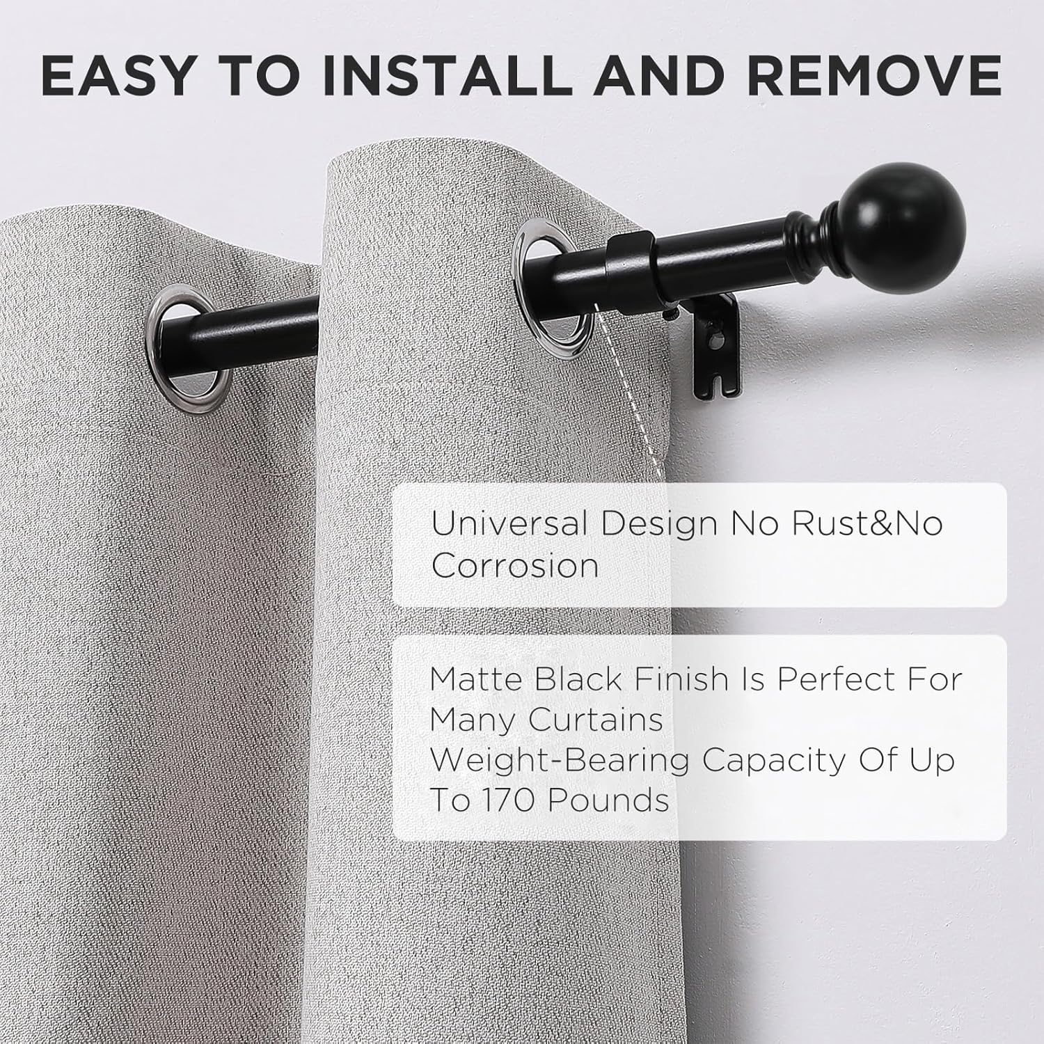 Joydeco Black Curtain Rods 32-144 Inches Adjustable Single Rods