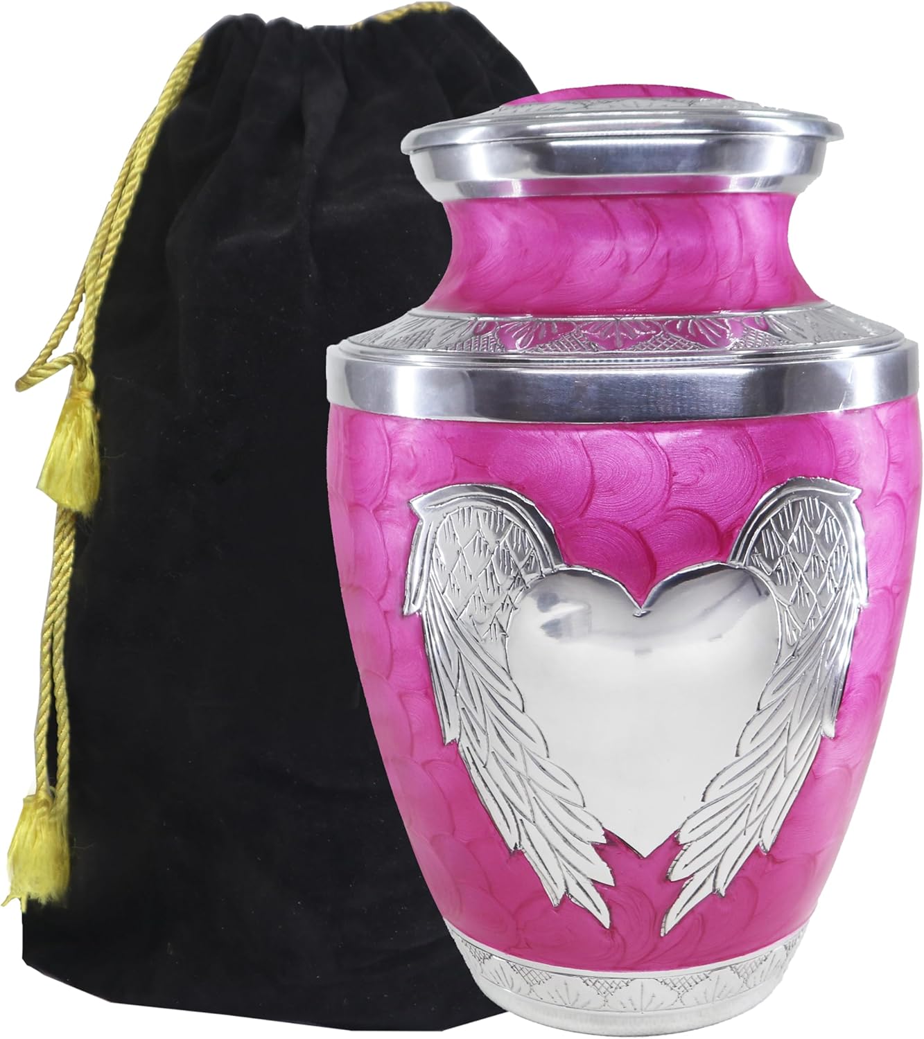 Pink Decorative Urn with Silver Angel Wings and Heart