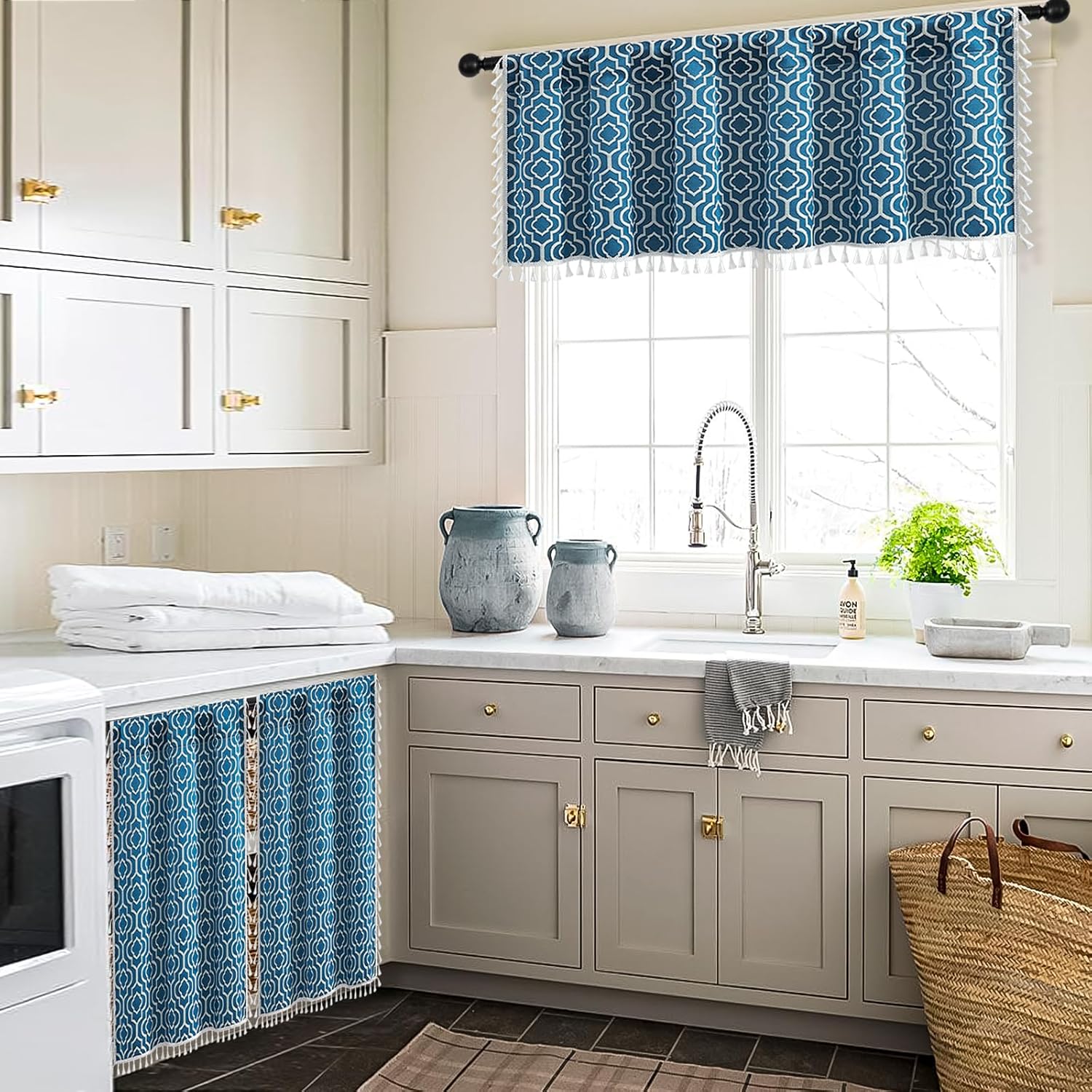 MitoVilla Boho Kitchen Valance with Tassel Blue