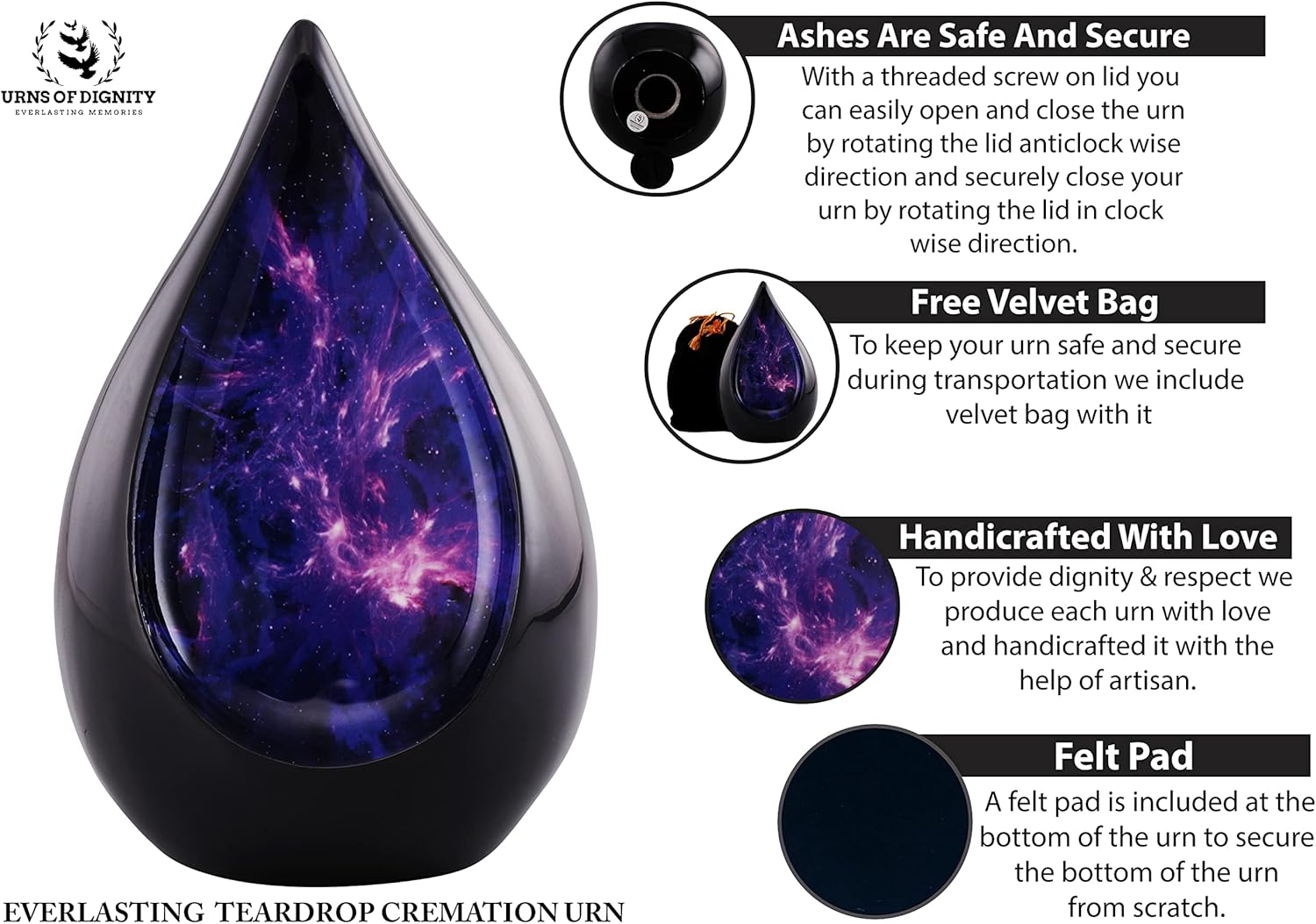 Everlasting Teardrop Cremation Urn Black Purple Galaxy Adult