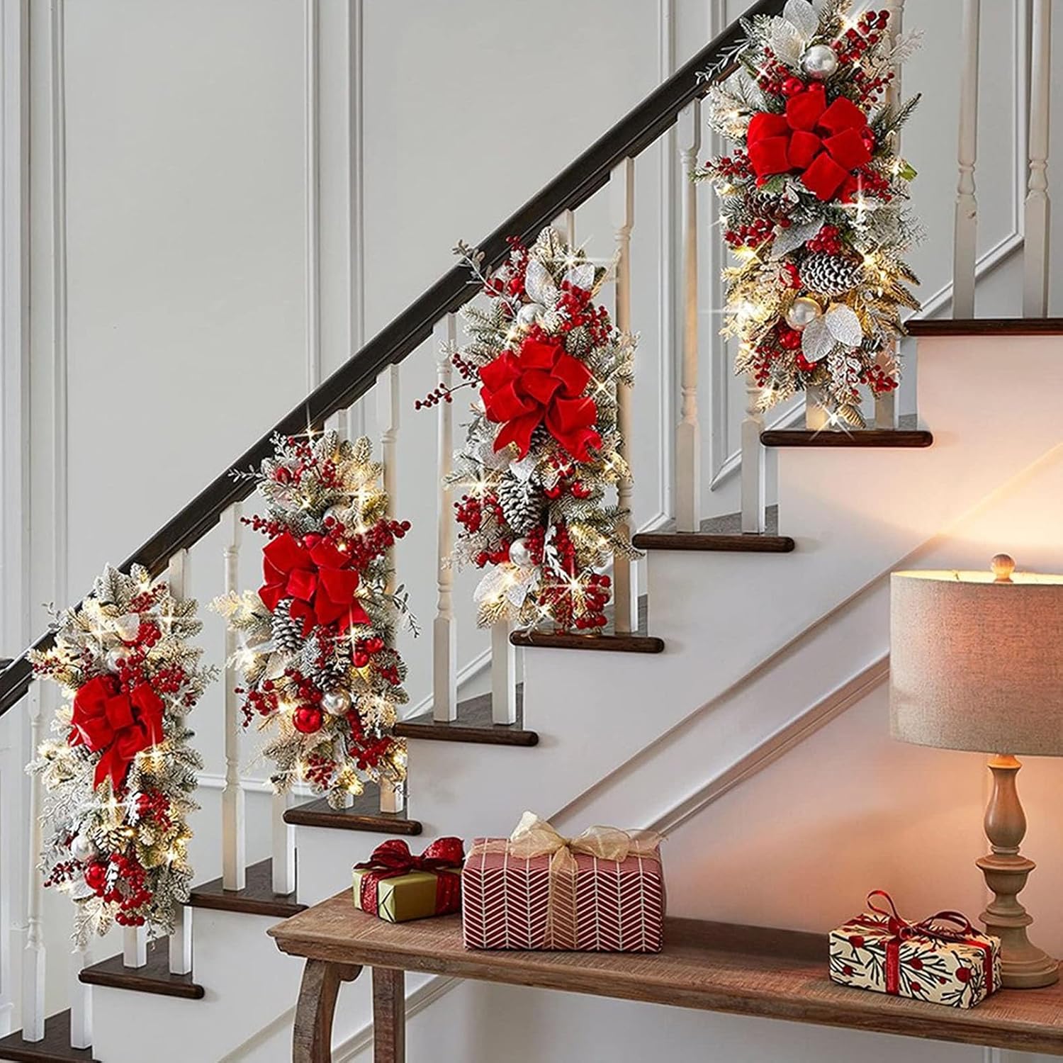 Topyond Christmas Staircase Decoration Cordless PVC Swag Red