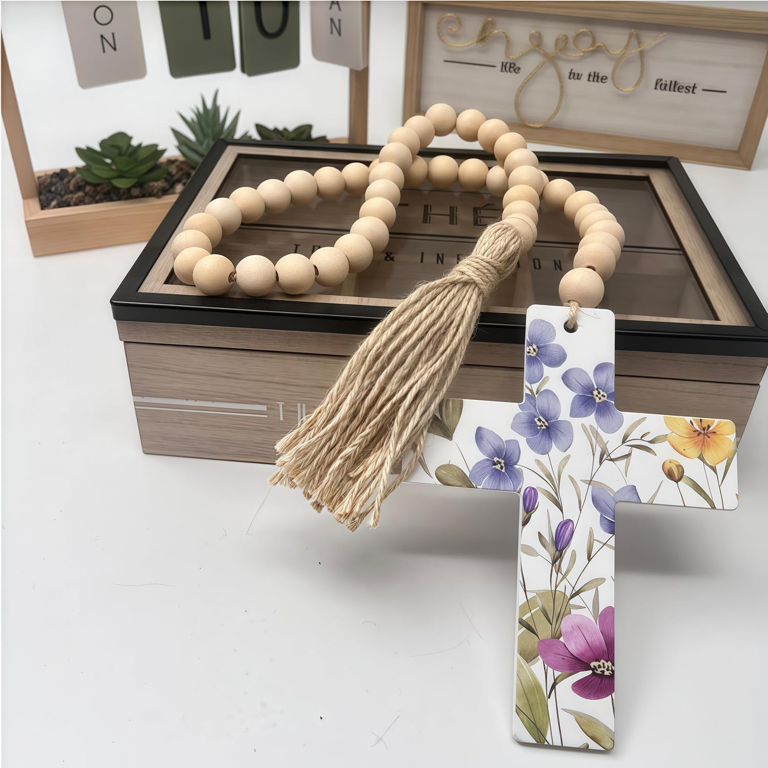 Wood Beads with Cross Tassels 45PCS Garland Decor