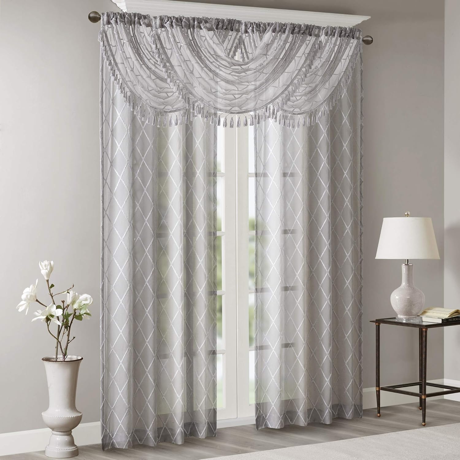 Madison Park Irina Diamond Sheer Embroidered Valance Grey 38W x 46L