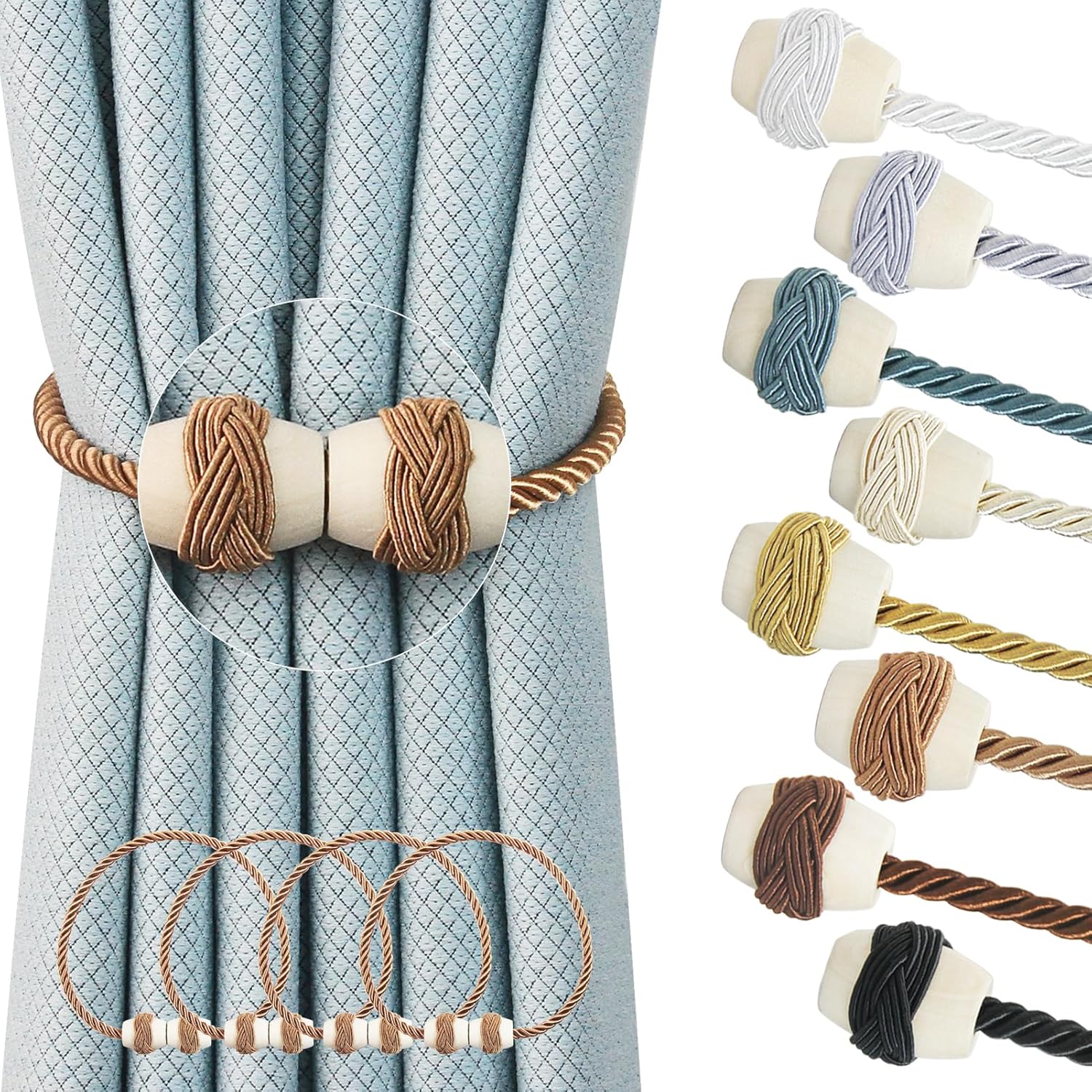 Hangtty Magnetic Rope Tiebacks 4Pack Khaki