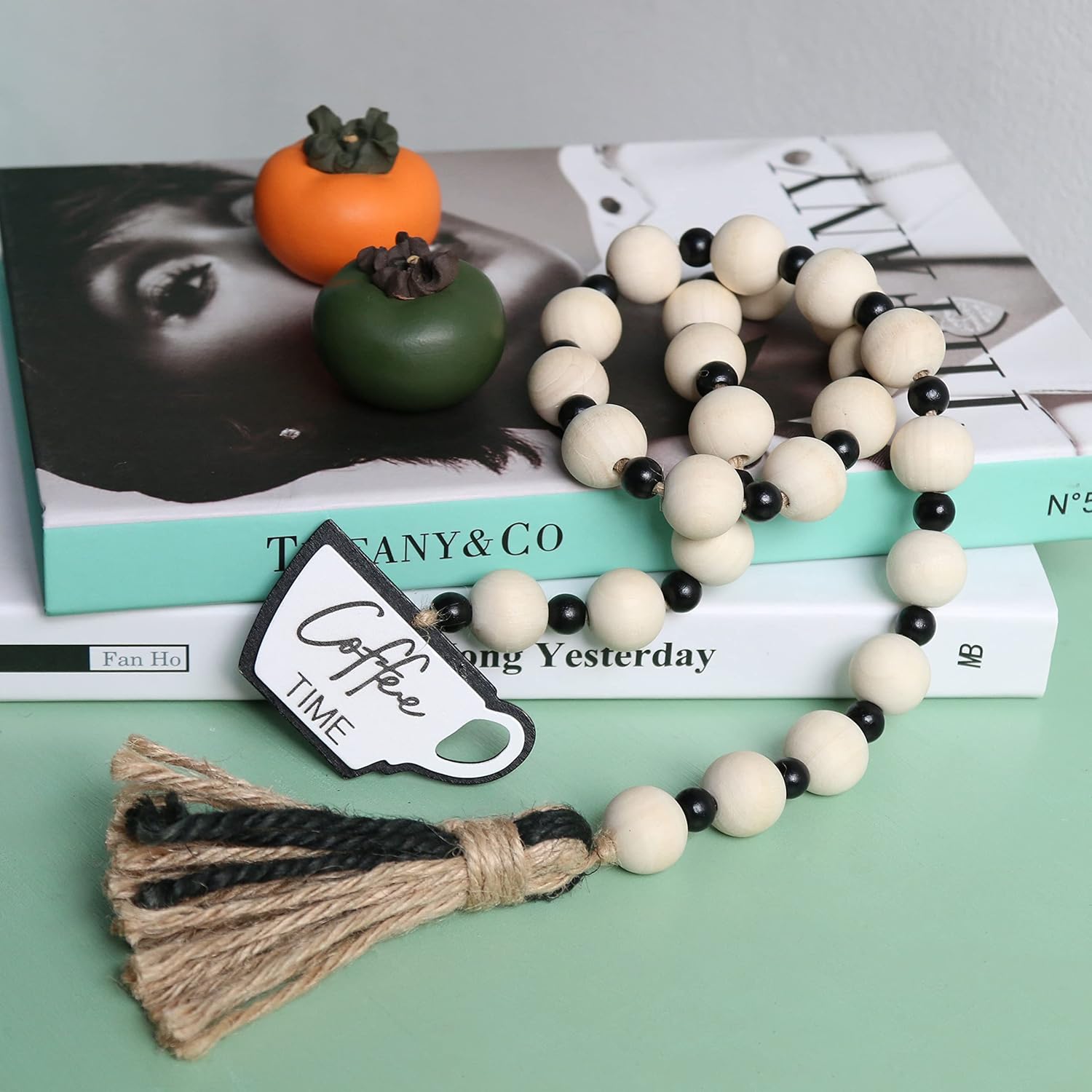 Meplait Coffee Themed Garland with Wood Beads and Jute Rope