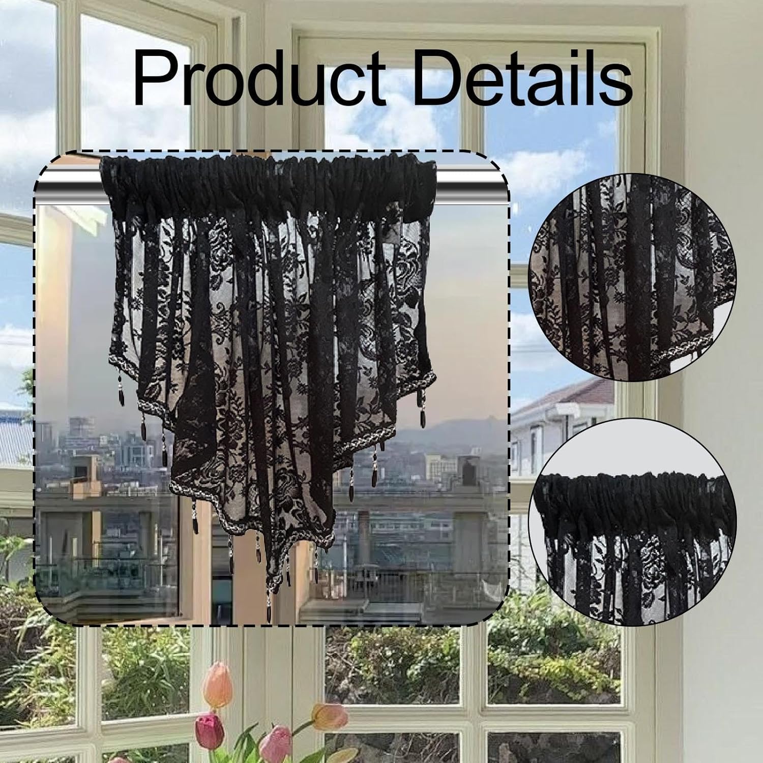 Beaded Window Valance Swag Curtain Black Elegant
