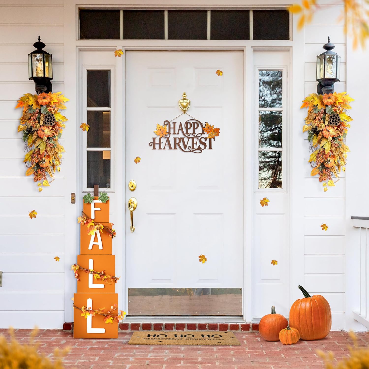 Glitzhome 2Pcs Fall Pumpkin Leaf Swag with Grapevine Base