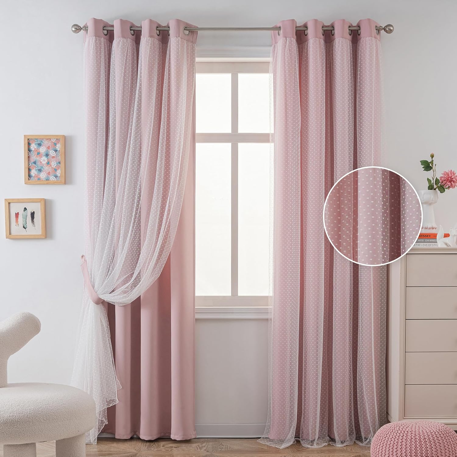 MYSKY HOME Pink Curtains with Tiebacks for Kids Bedroom
