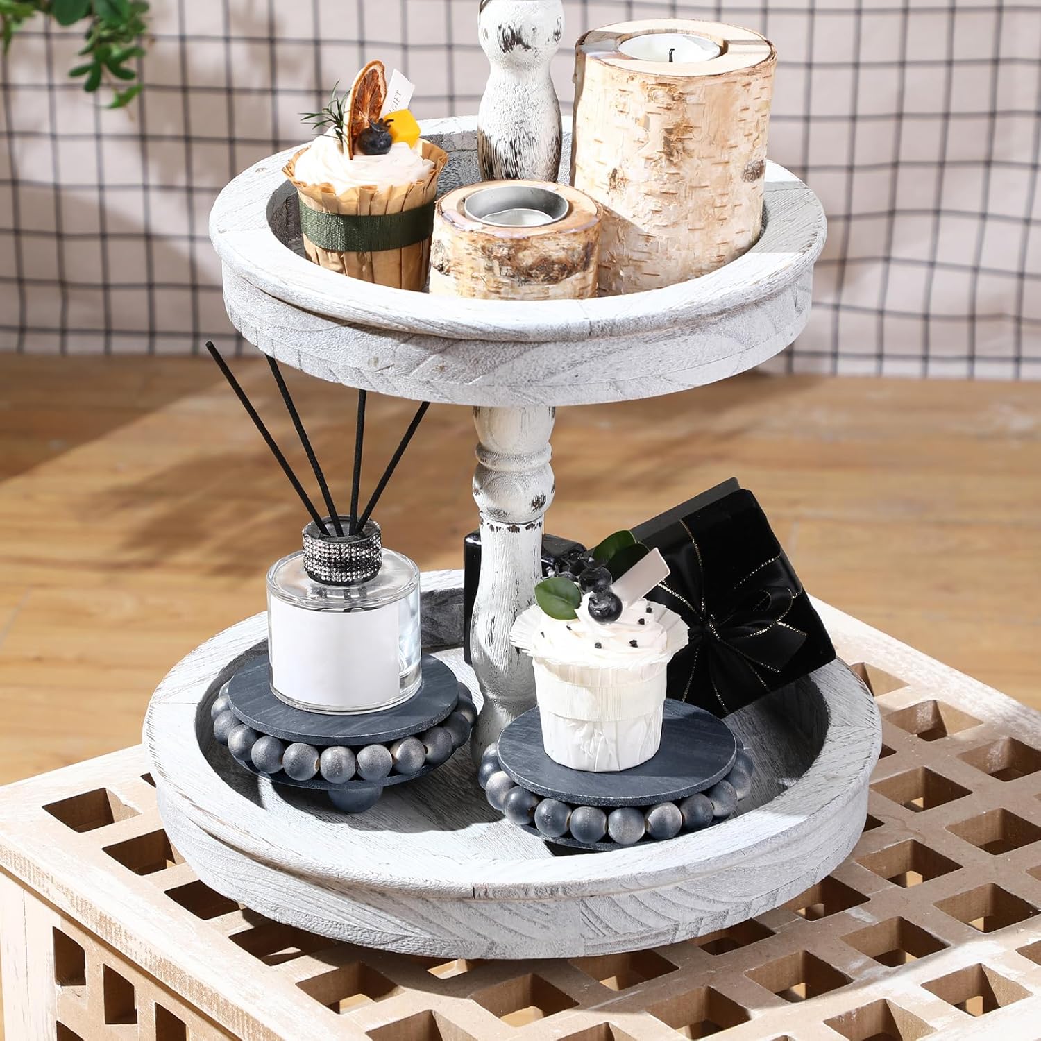 Yookeer 2 Pcs Round Wooden Risers Black Distressed Farmhouse Display Stand
