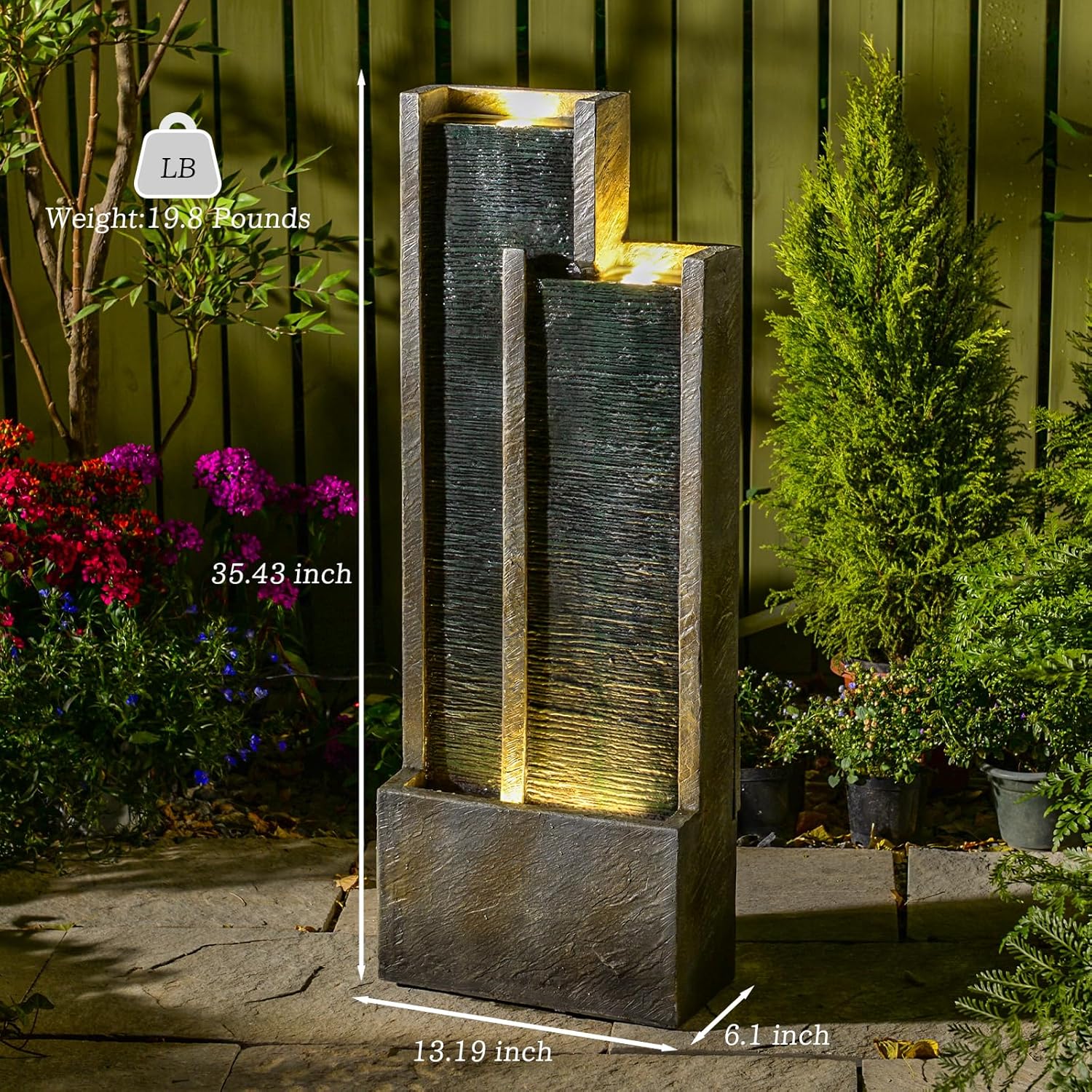 354 Inch Modern Waterfall Fountain with Lights and Gentle Flow