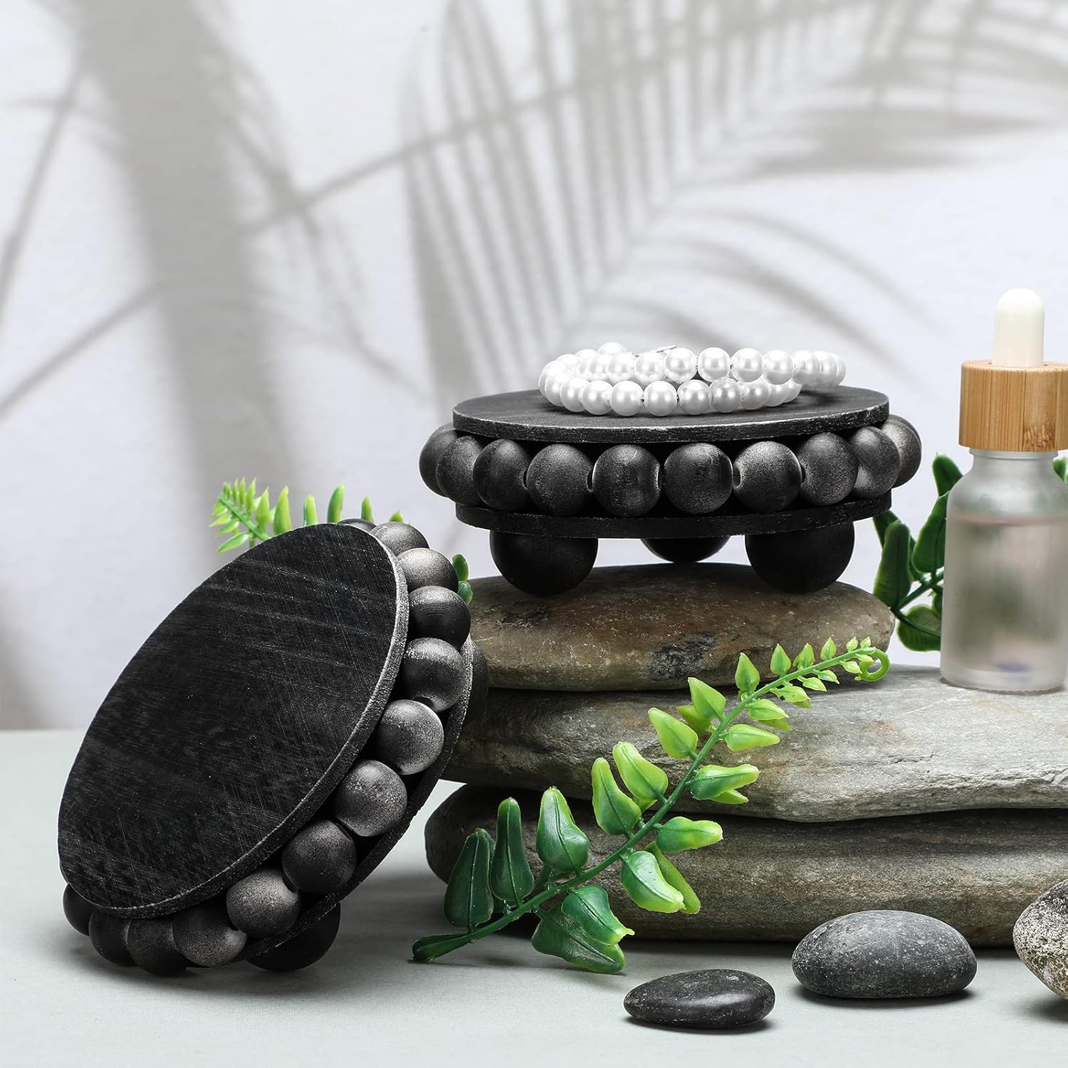 Yookeer 2 Pcs Round Wooden Risers Black Distressed Farmhouse Display Stand