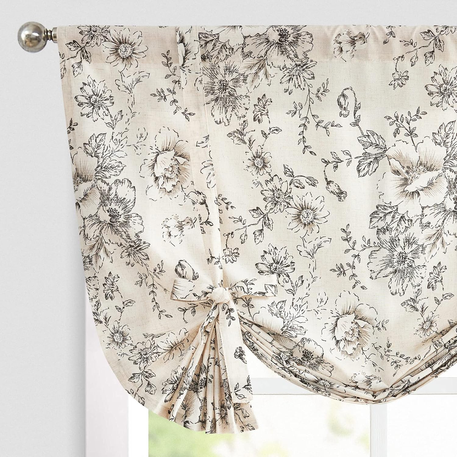 Jinchan Tie Up Valance Floral Linen 54 Inch Peonies Window Treatment