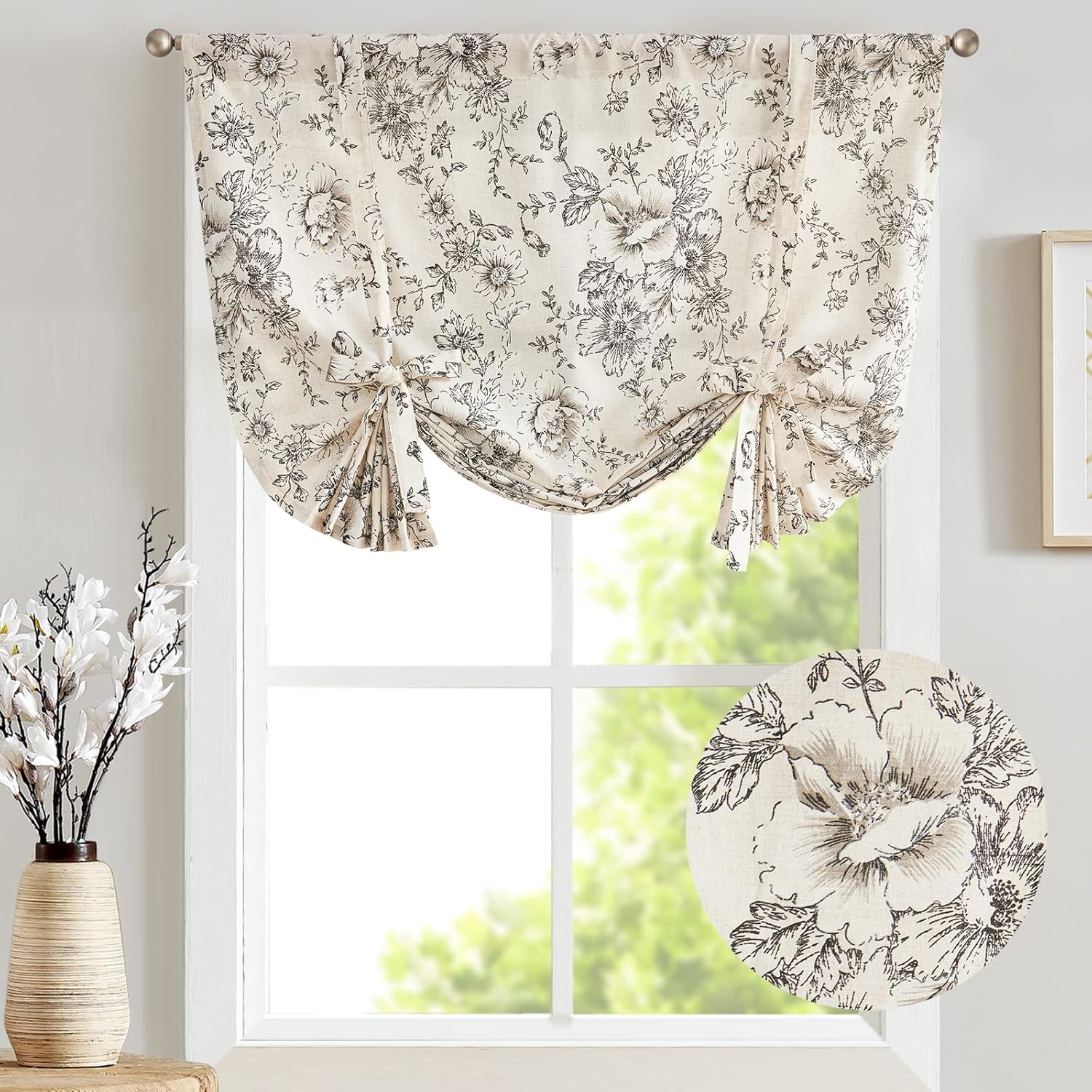 Jinchan Tie Up Valance Floral Linen 54 Inch Peonies Window Treatment