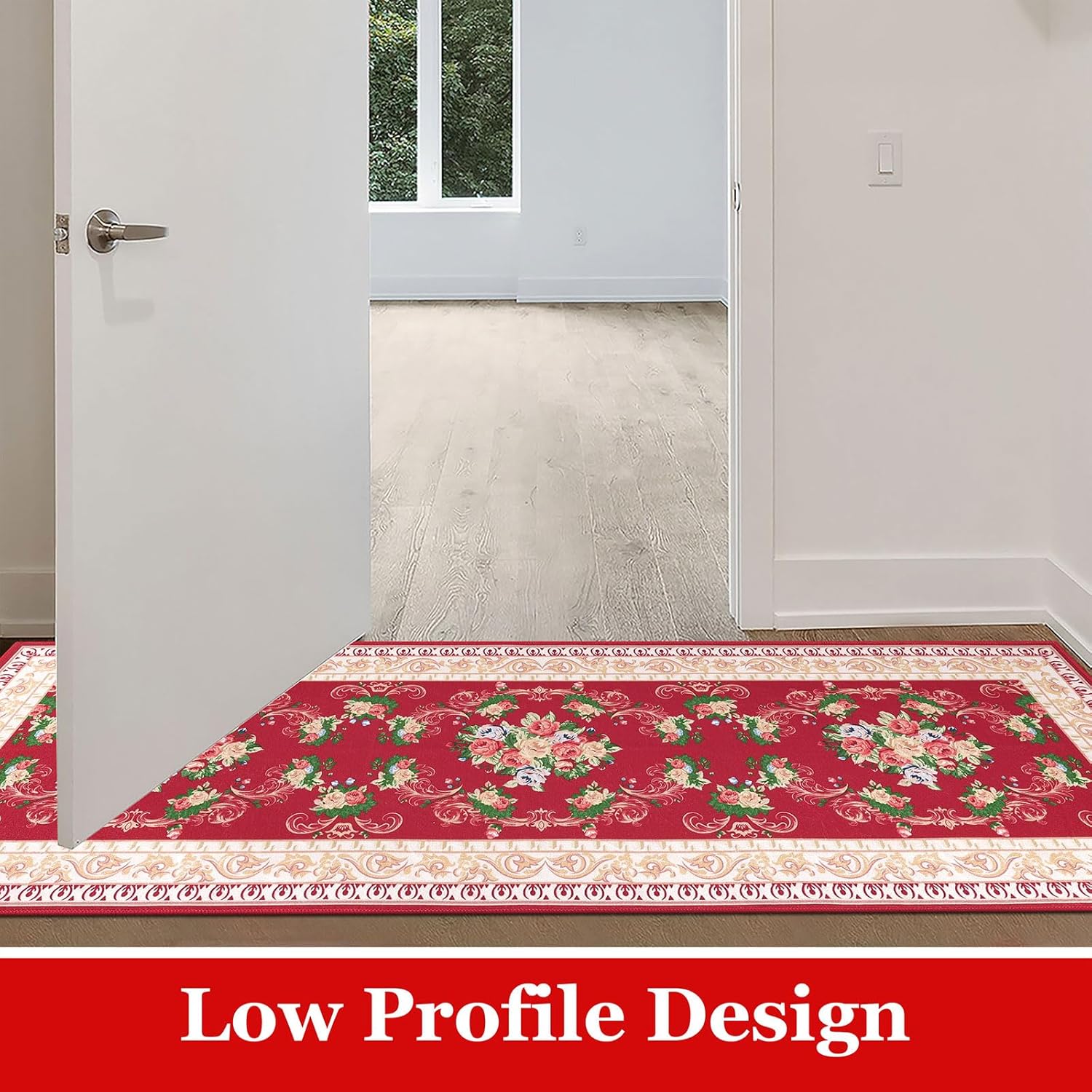 Red Floral Long Runner Rug for Hallway and Entryway