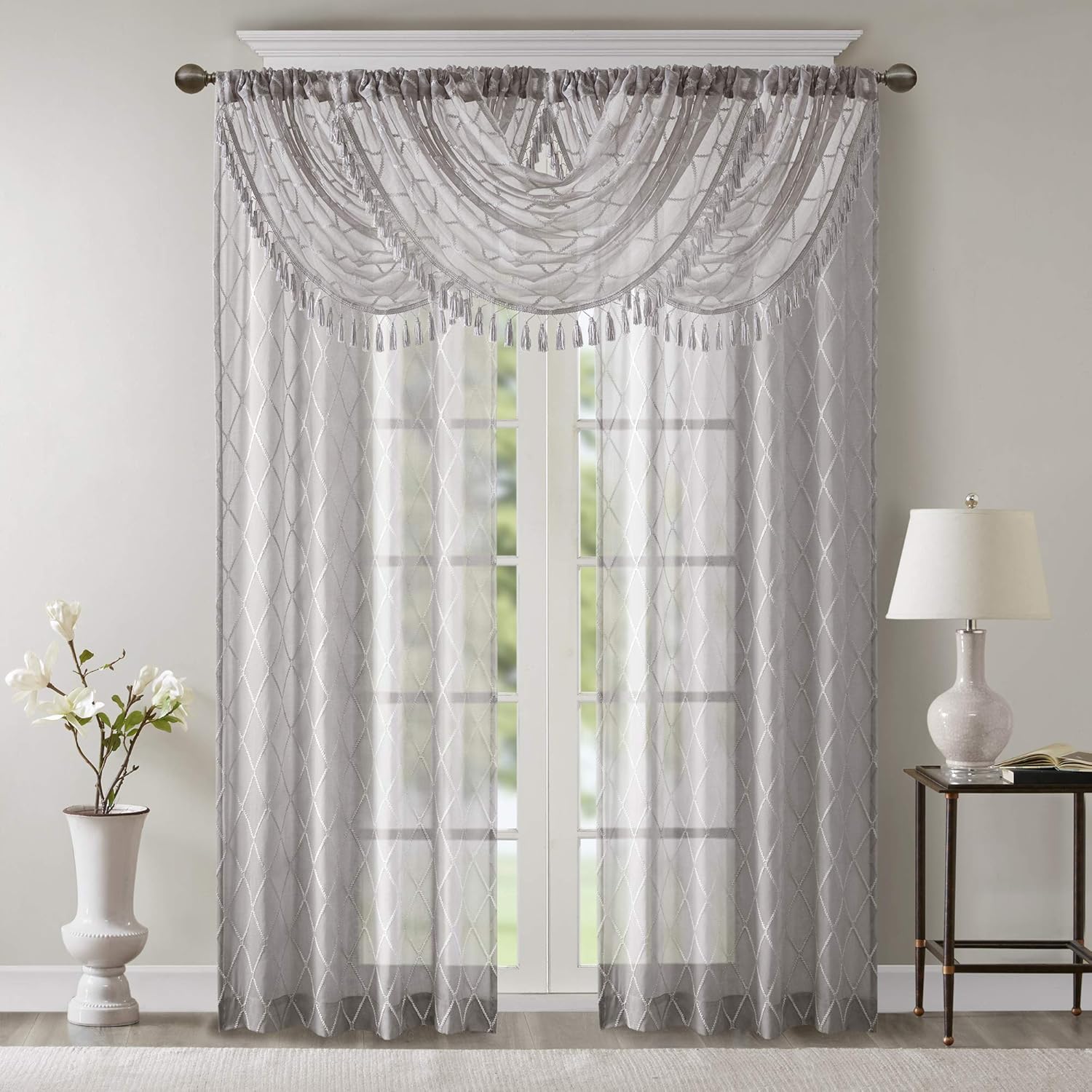 Madison Park Irina Diamond Sheer Embroidered Valance Grey 38W x 46L