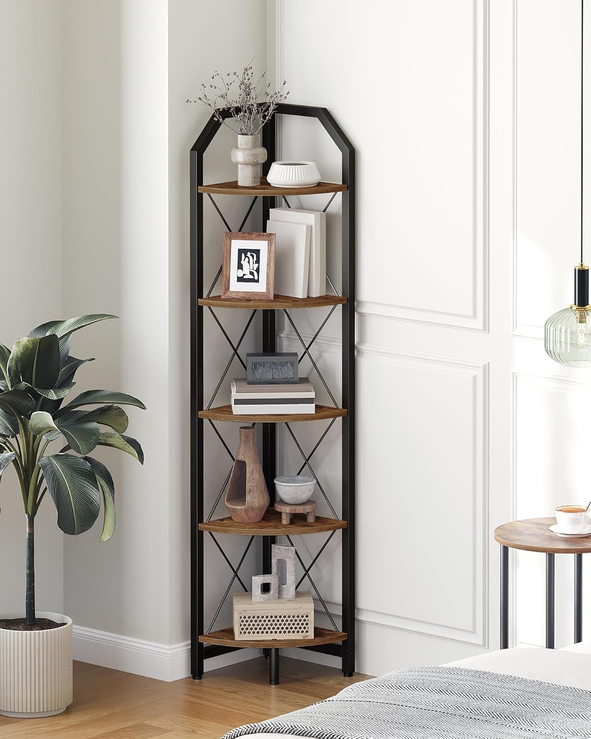 5-Tier Industrial Corner Bookshelf with Rustic Design