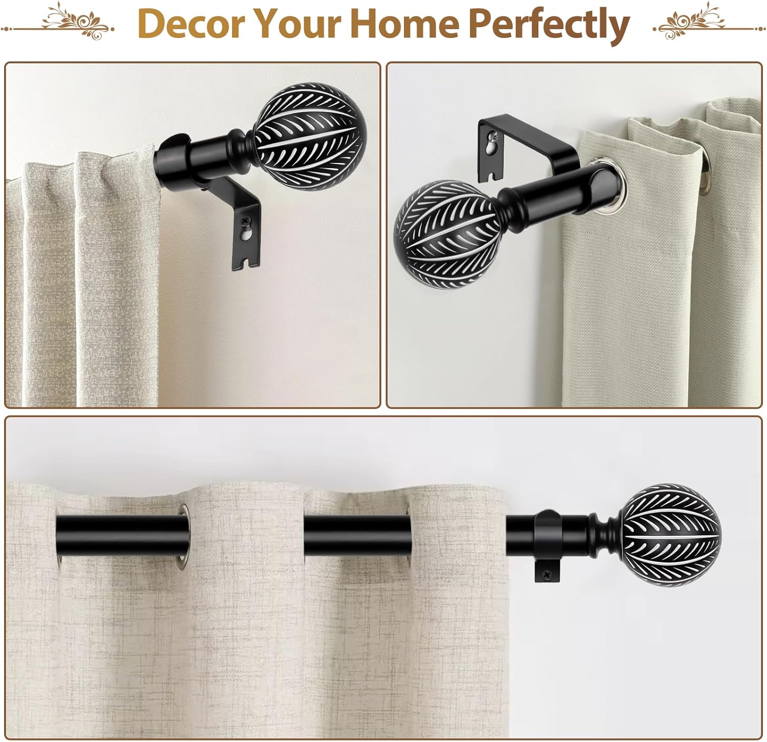 KAMANINA Wood Curtain Rods 48-84 Inch Black