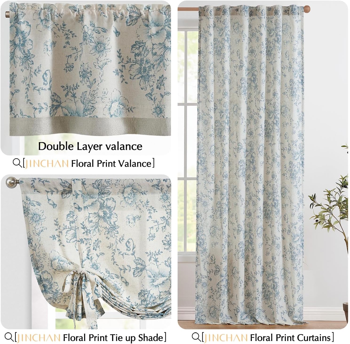 Jinchan Linen Floral Valance Double Layer 16 Inch