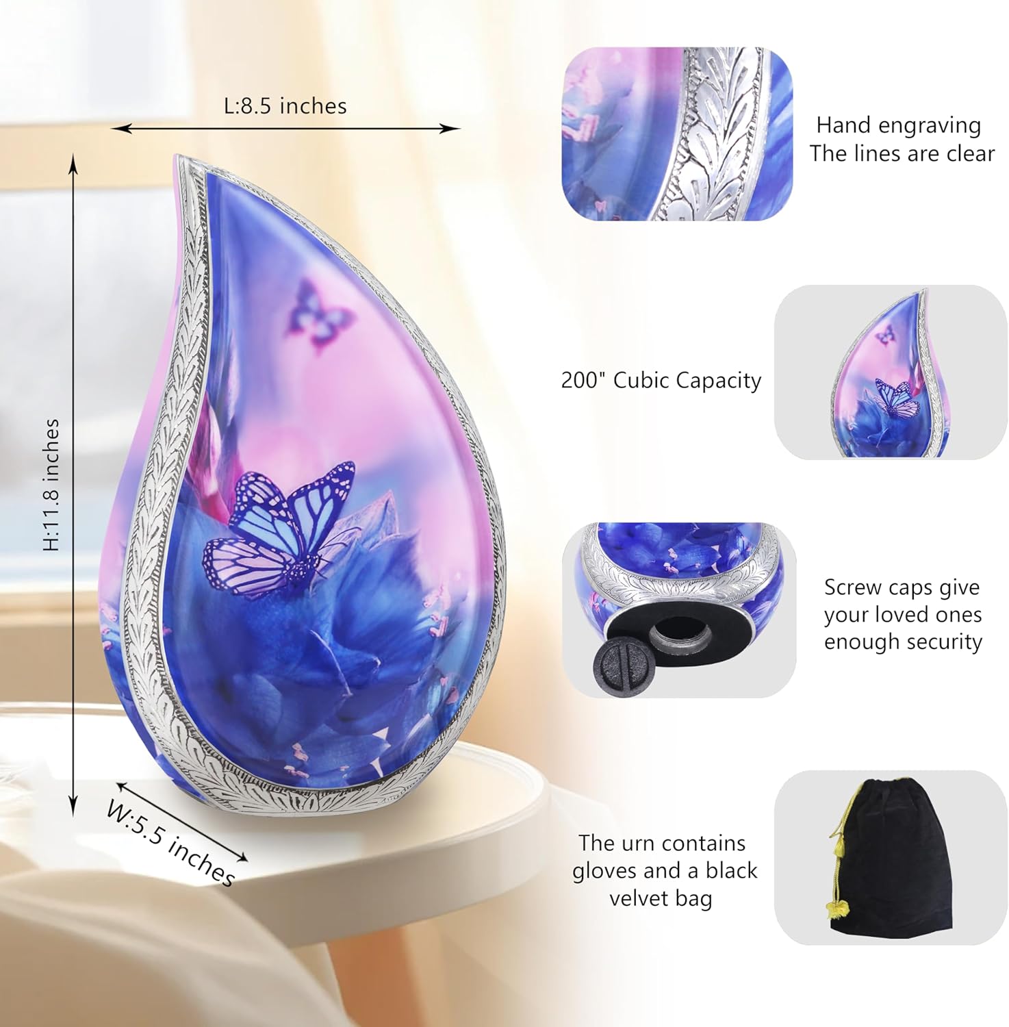 M MEILINXU Blue Butterflies Cremation Urn for Human Ashes